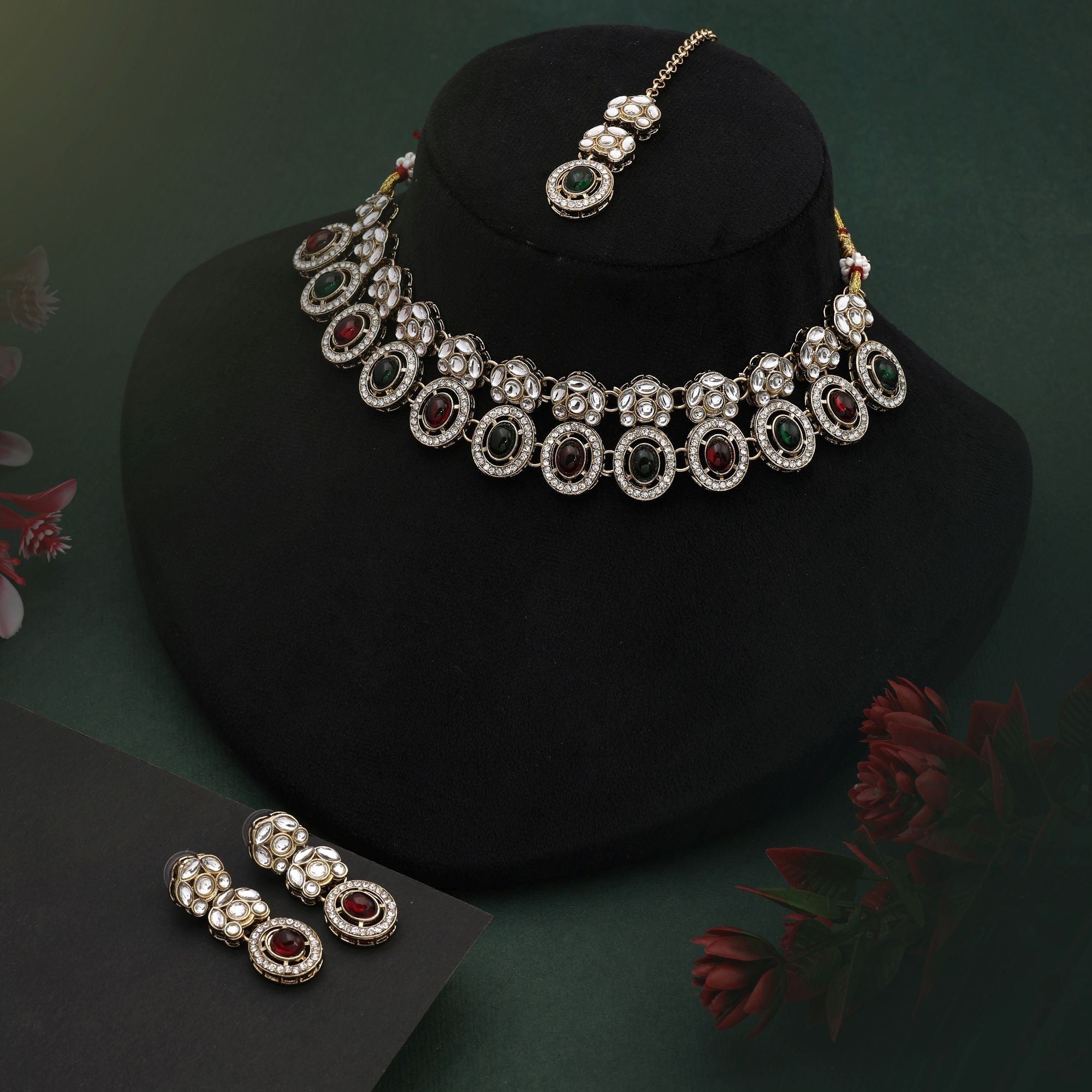 Gorgeous Maroon & Green Color Kundan Necklace Set For Brides And Festive Looks
