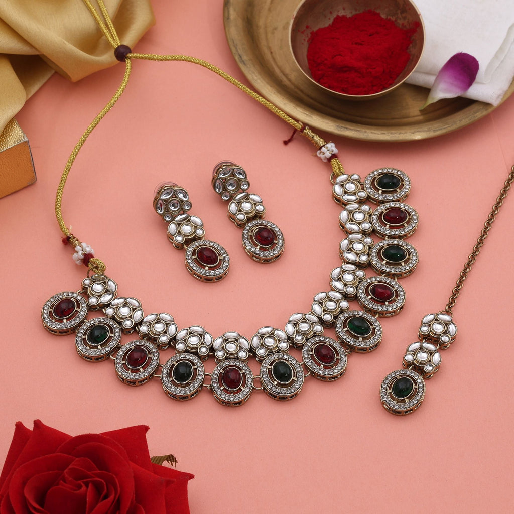 Gorgeous Maroon & Green Color Kundan Necklace Set For Brides And Festive Looks