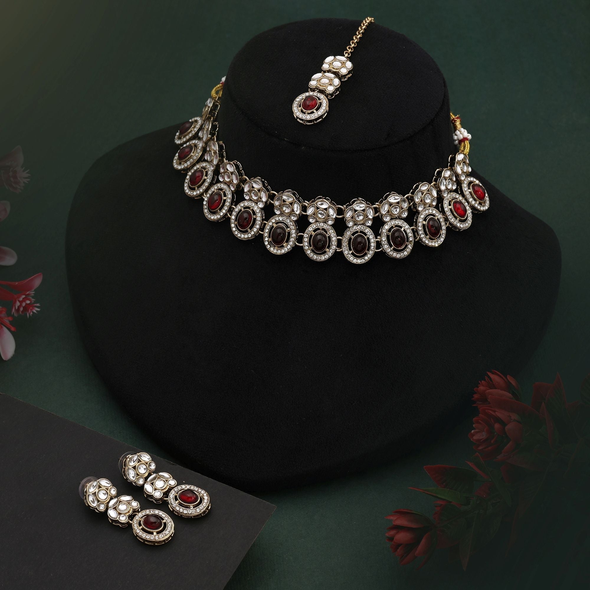 Antique Maroon Color Kundan Necklace Set With Matching Earrings For Bridal Style