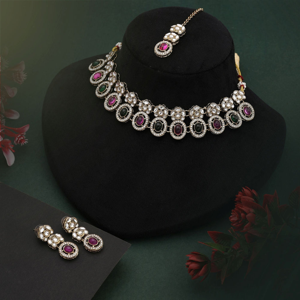 Royal Rani & Green Color Kundan Necklace Set With Dual Tone For Wedding Functions