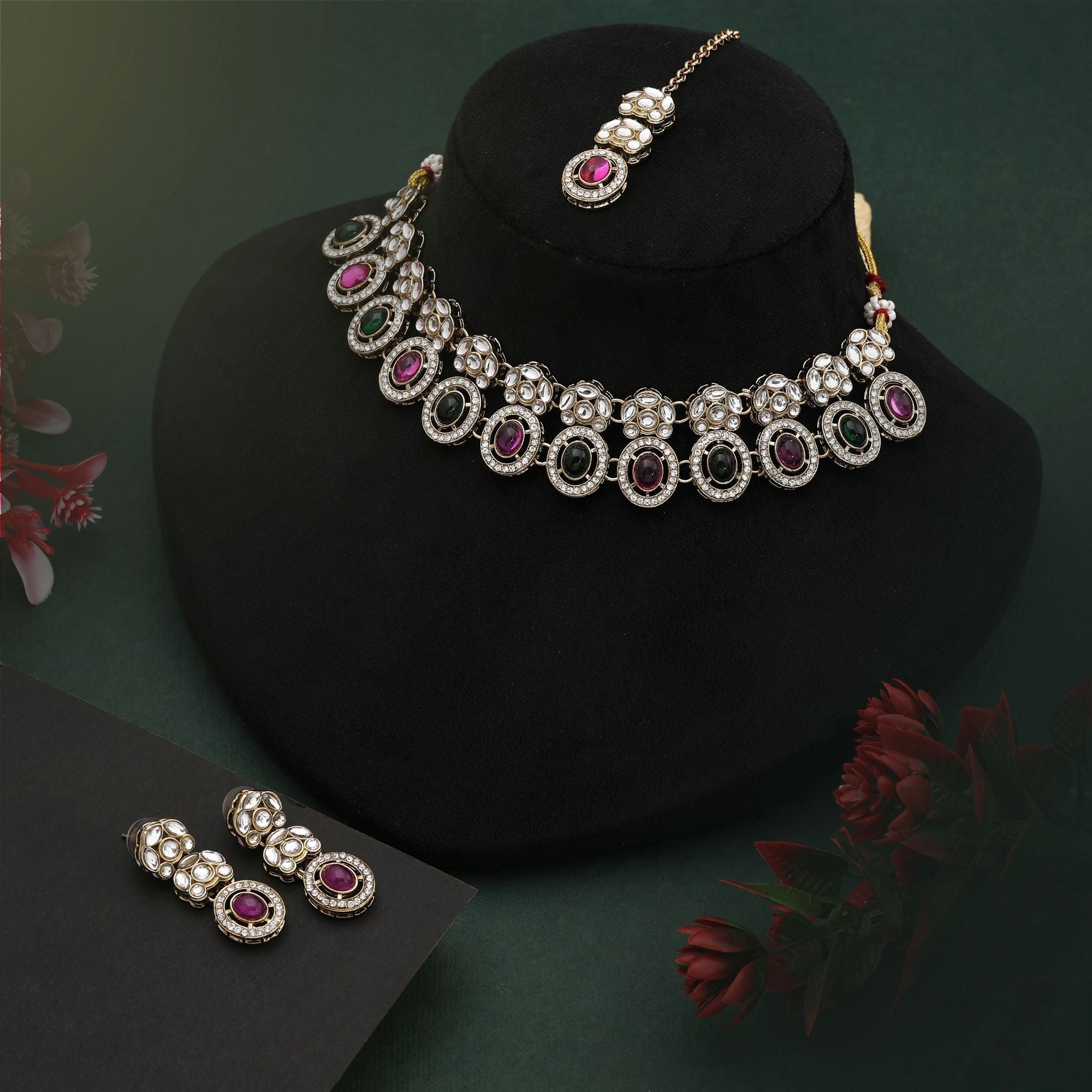 Royal Rani & Green Color Kundan Necklace Set With Dual Tone For Wedding Functions