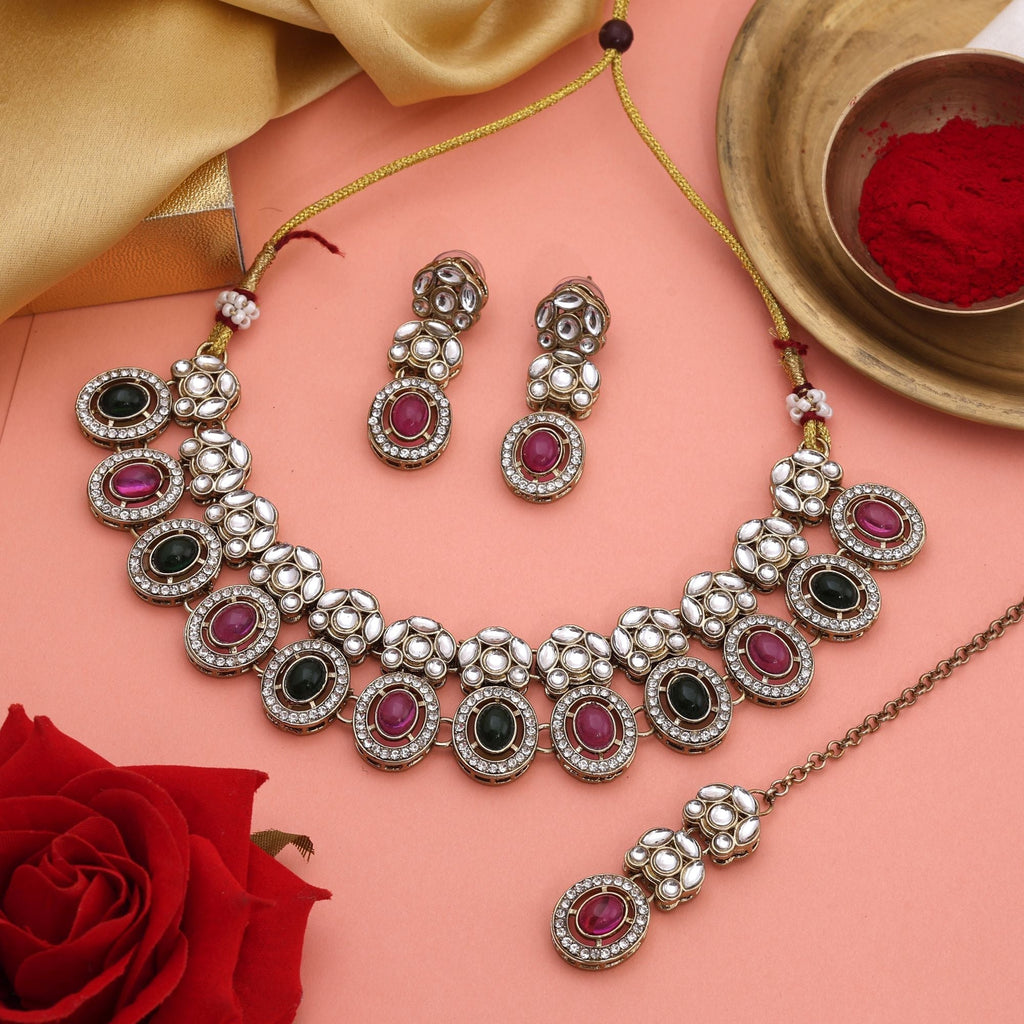 Royal Rani & Green Color Kundan Necklace Set With Dual Tone For Wedding Functions