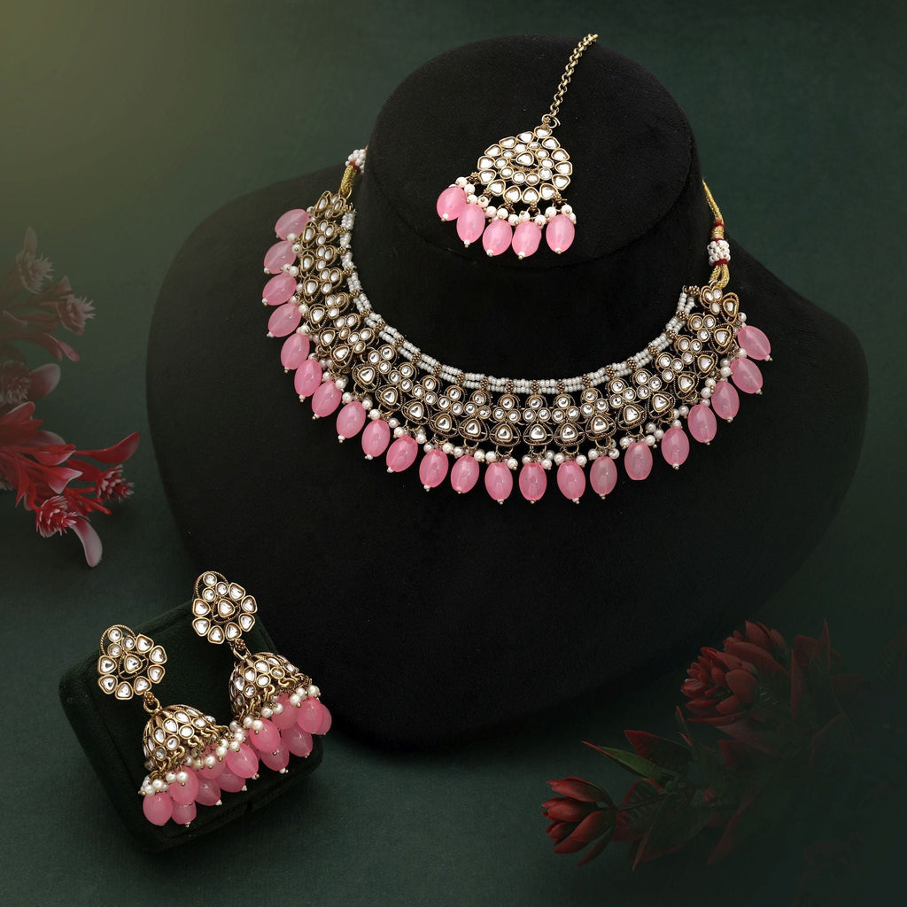 Soft Pink Color Kundan Necklace Set With Delicate Beads For Elegant Occasions