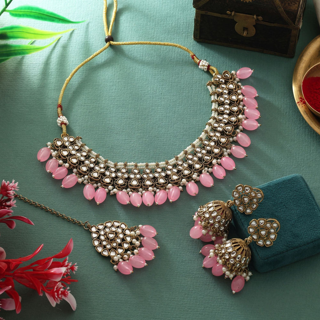 Soft Pink Color Kundan Necklace Set With Delicate Beads For Elegant Occasions