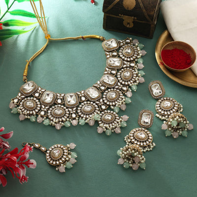 Designer Pista Green & Pink Color Kundan Necklace Set For Party And Wedding