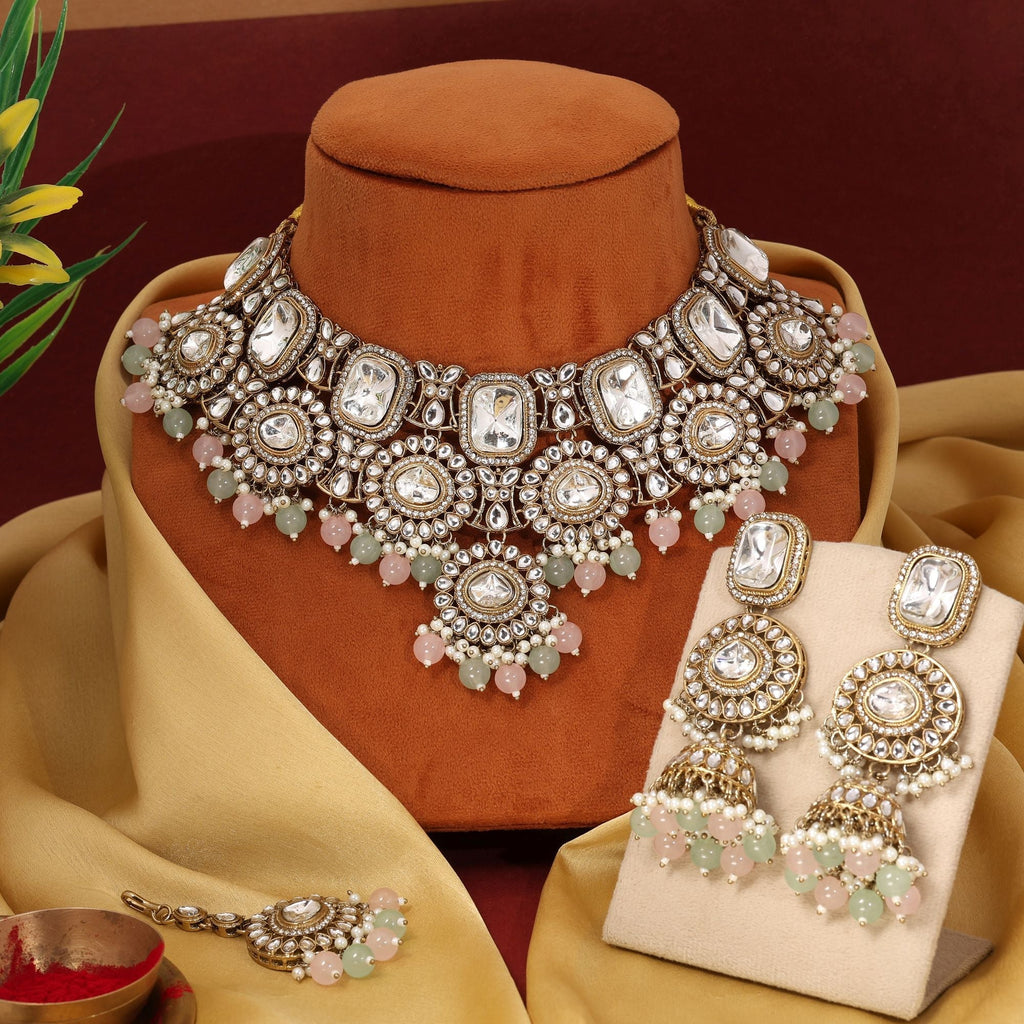 Designer Pista Green & Pink Color Kundan Necklace Set For Party And Wedding