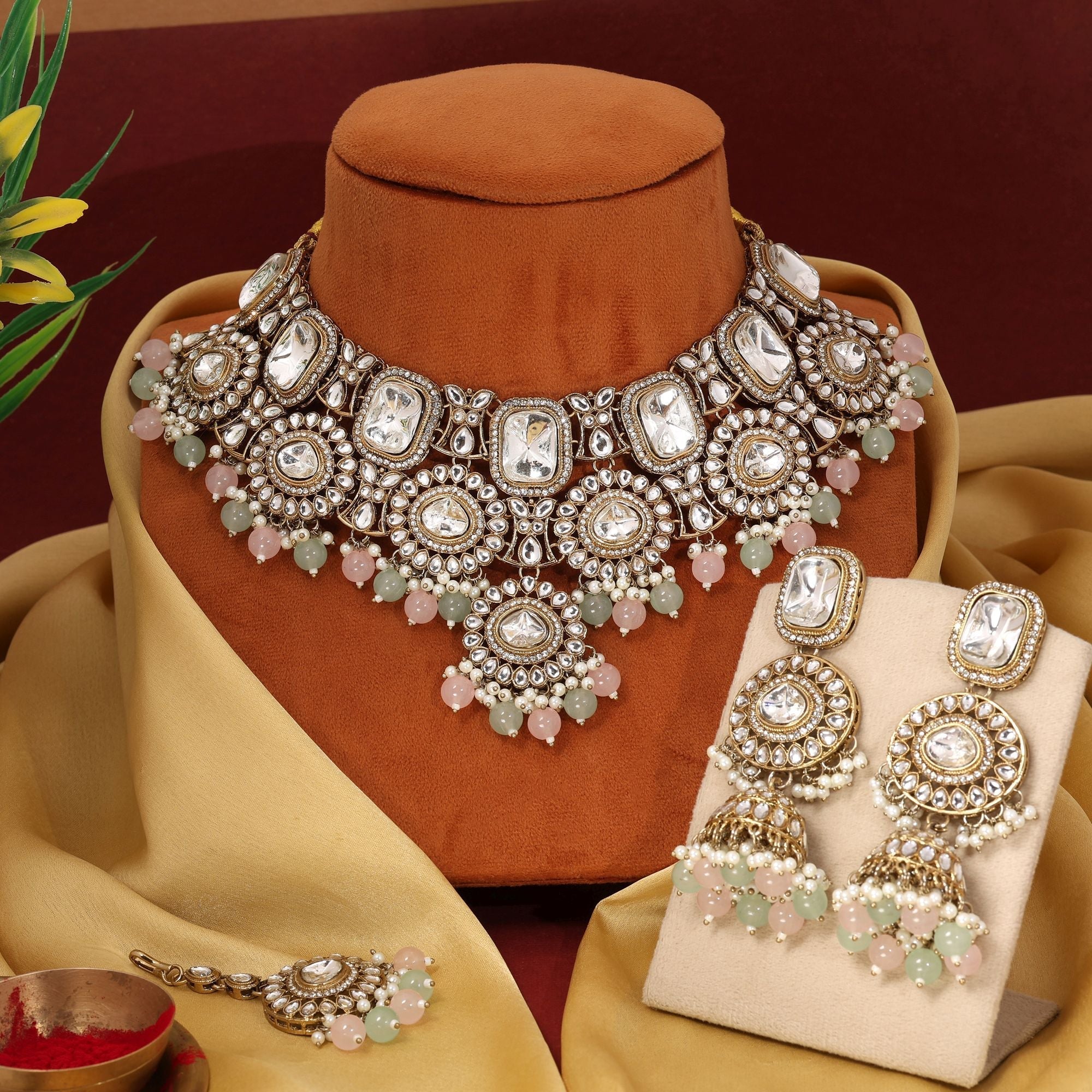 Designer Pista Green & Pink Color Kundan Necklace Set For Party And Wedding