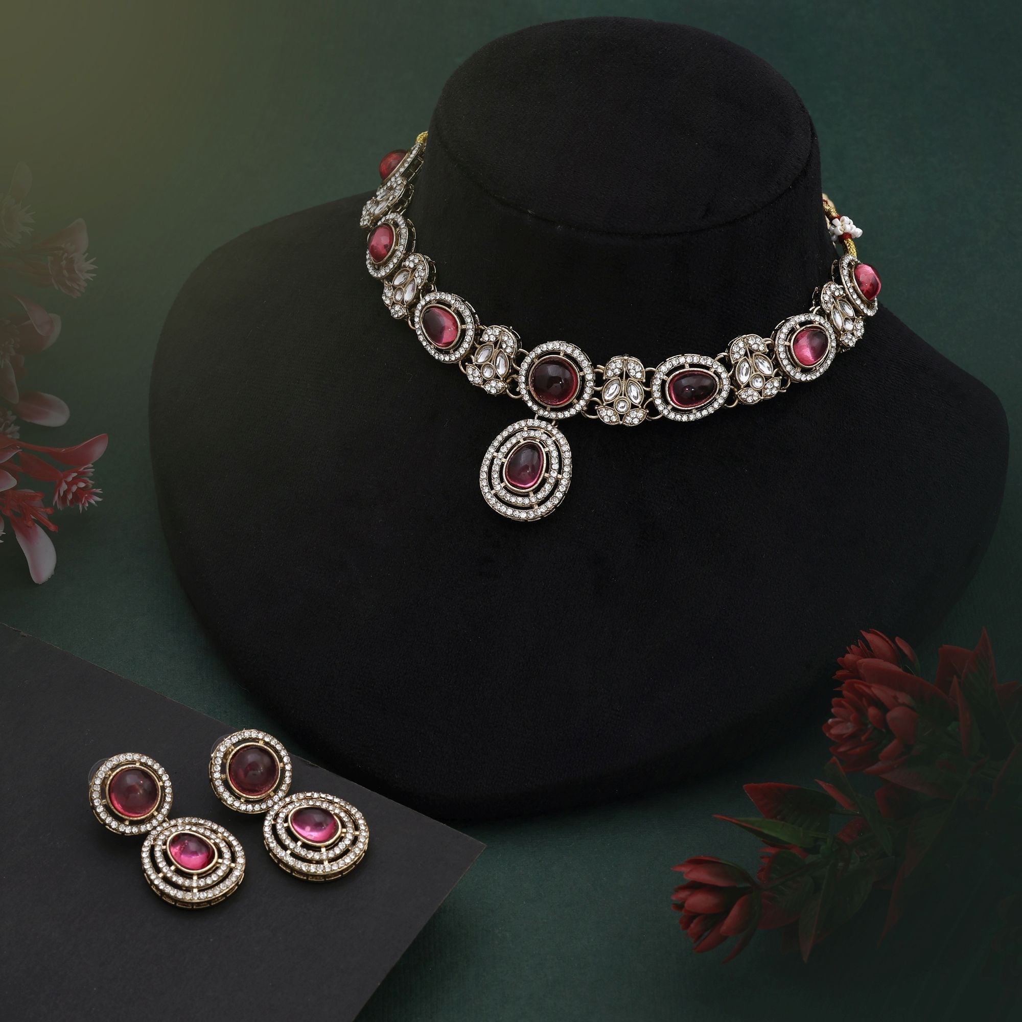 Stylish Magenta Color Kundan Necklace Set For Brides And Festive Functions