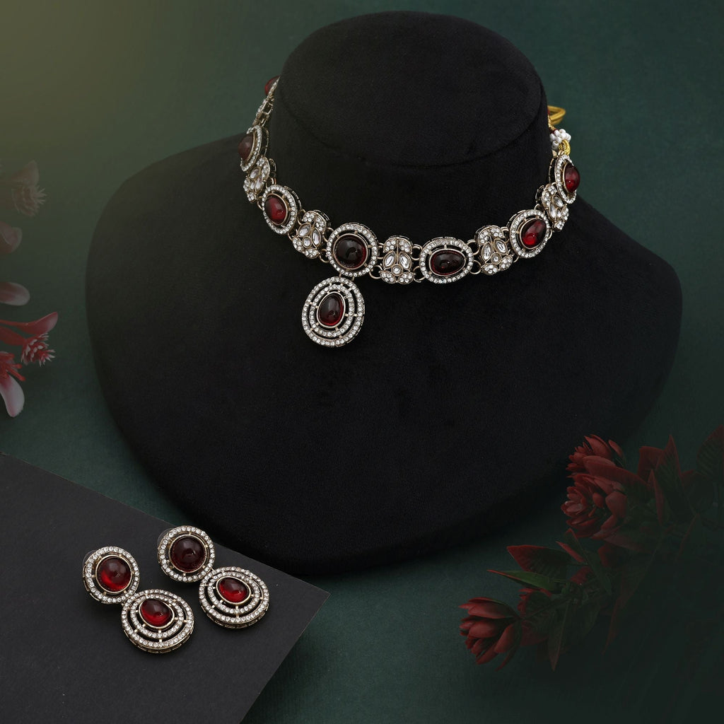 Traditional Maroon Color Kundan Necklace Set With Antique Polish For Royal Wear