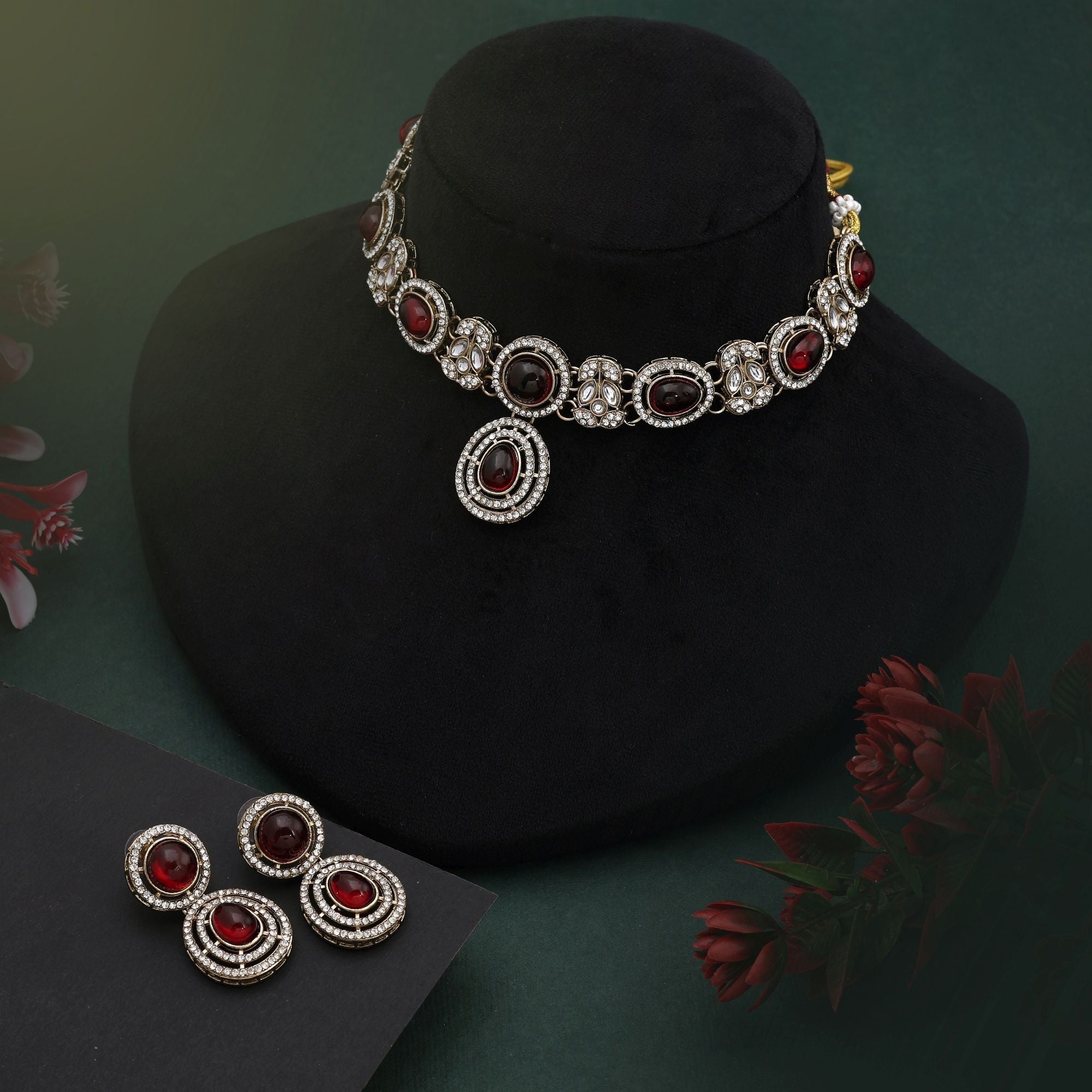 Traditional Maroon Color Kundan Necklace Set With Antique Polish For Royal Wear