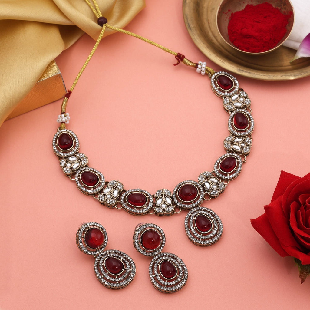 Traditional Maroon Color Kundan Necklace Set With Antique Polish For Royal Wear