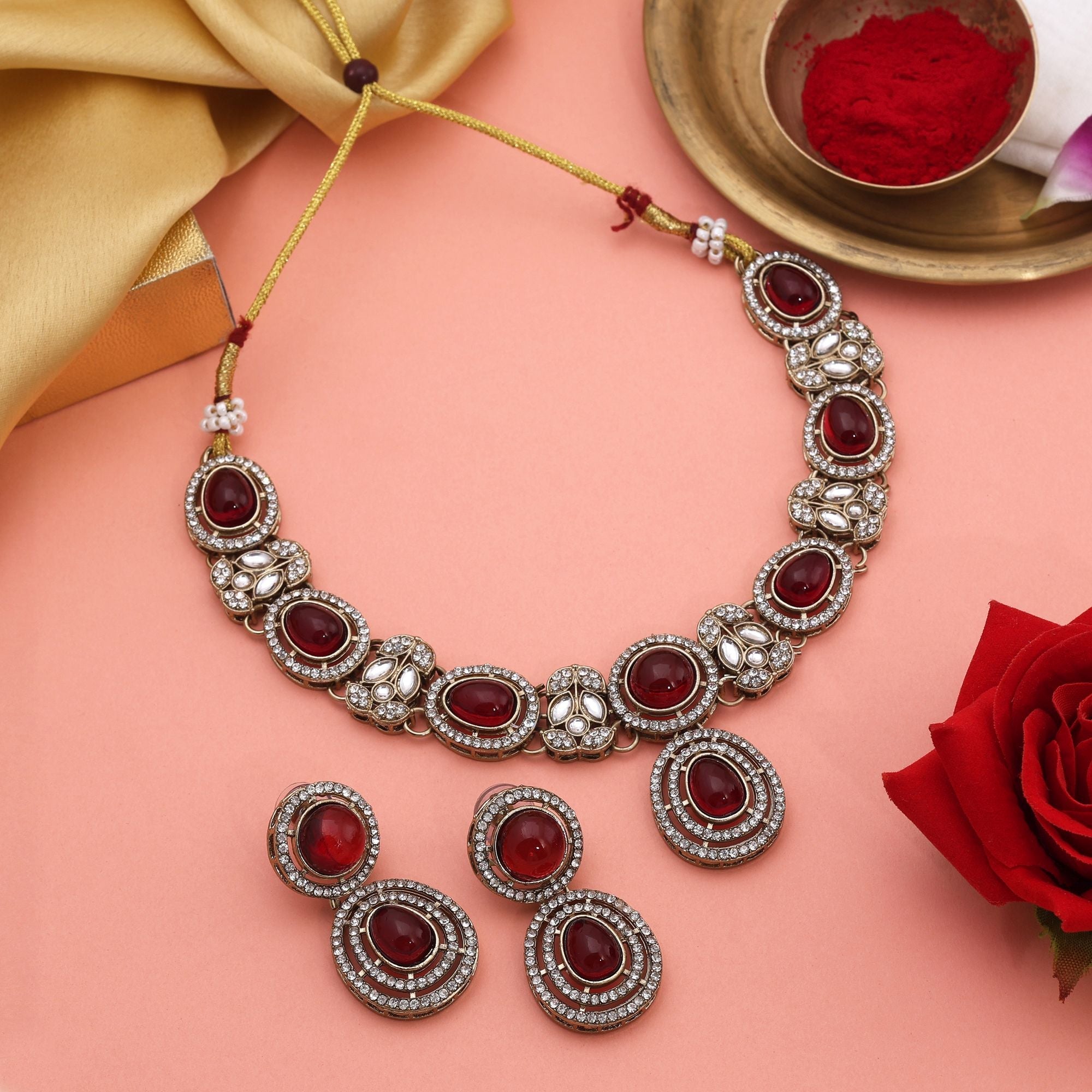 Traditional Maroon Color Kundan Necklace Set With Antique Polish For Royal Wear