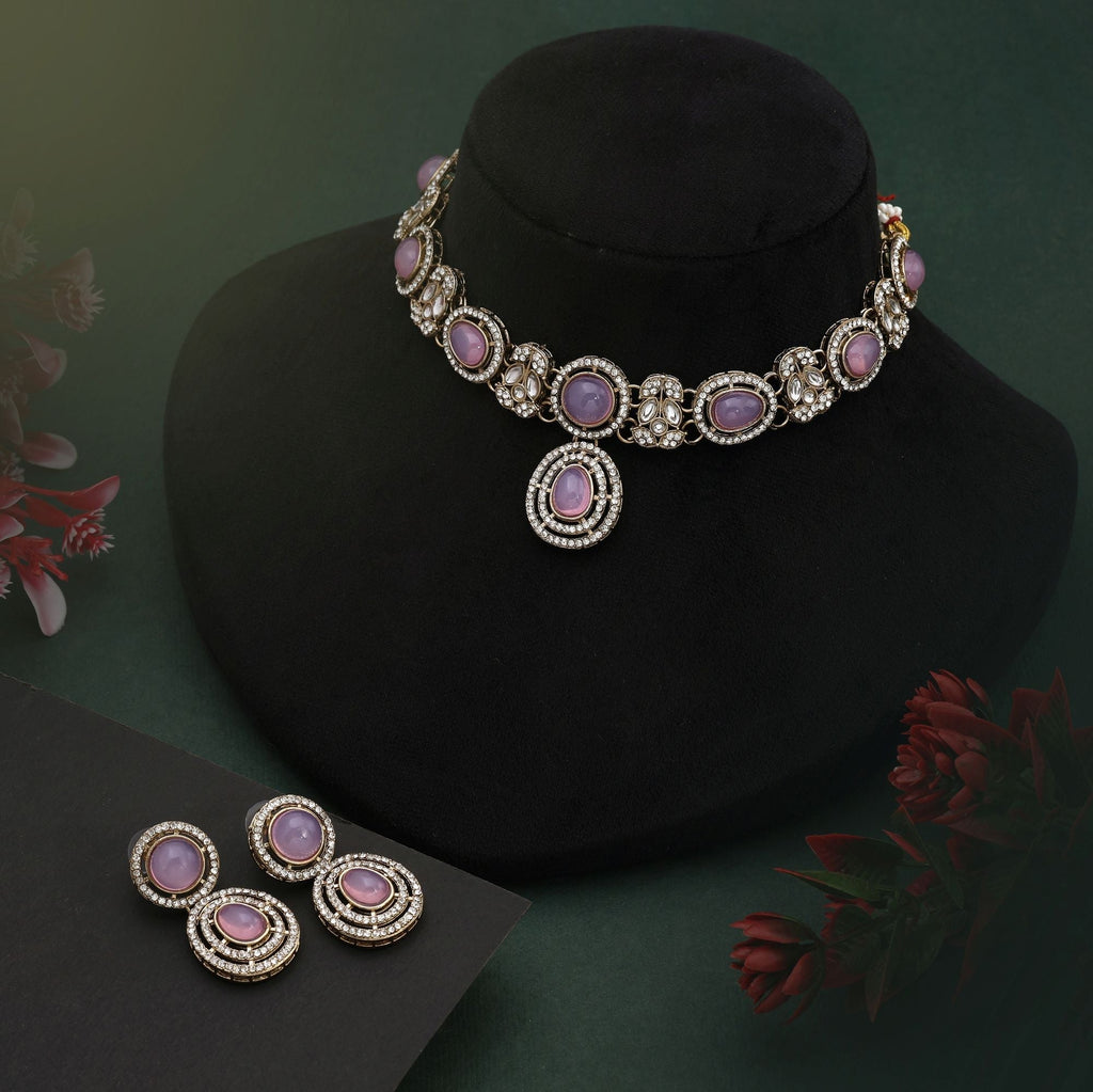 Trendy Pink Color Kundan Necklace Set With Golden Detailing For Elegant Wear