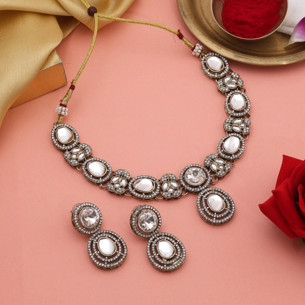 Royal White Color Kundan Necklace Set With Pearls And Stones For Bridal Use