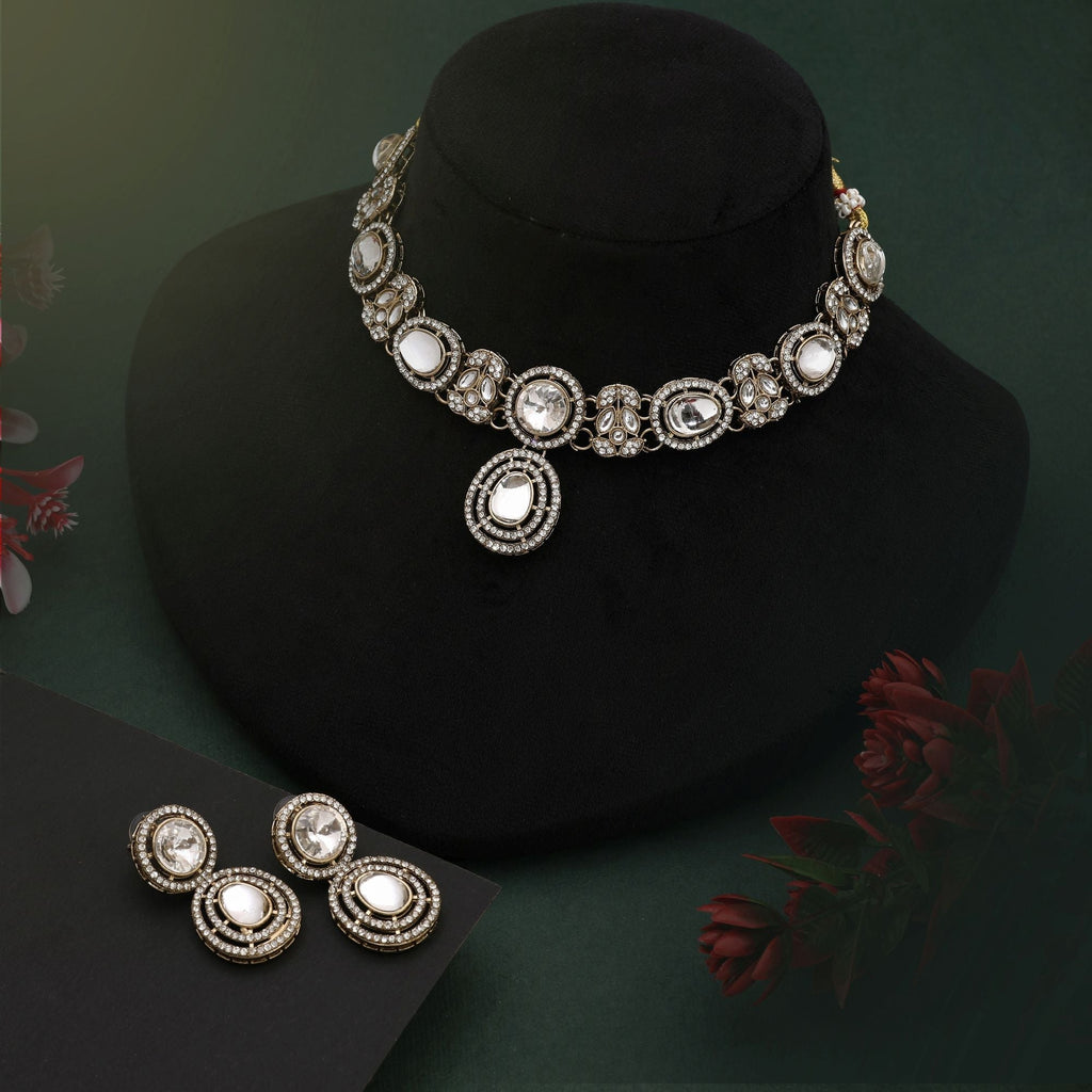 Royal White Color Kundan Necklace Set With Pearls And Stones For Bridal Use