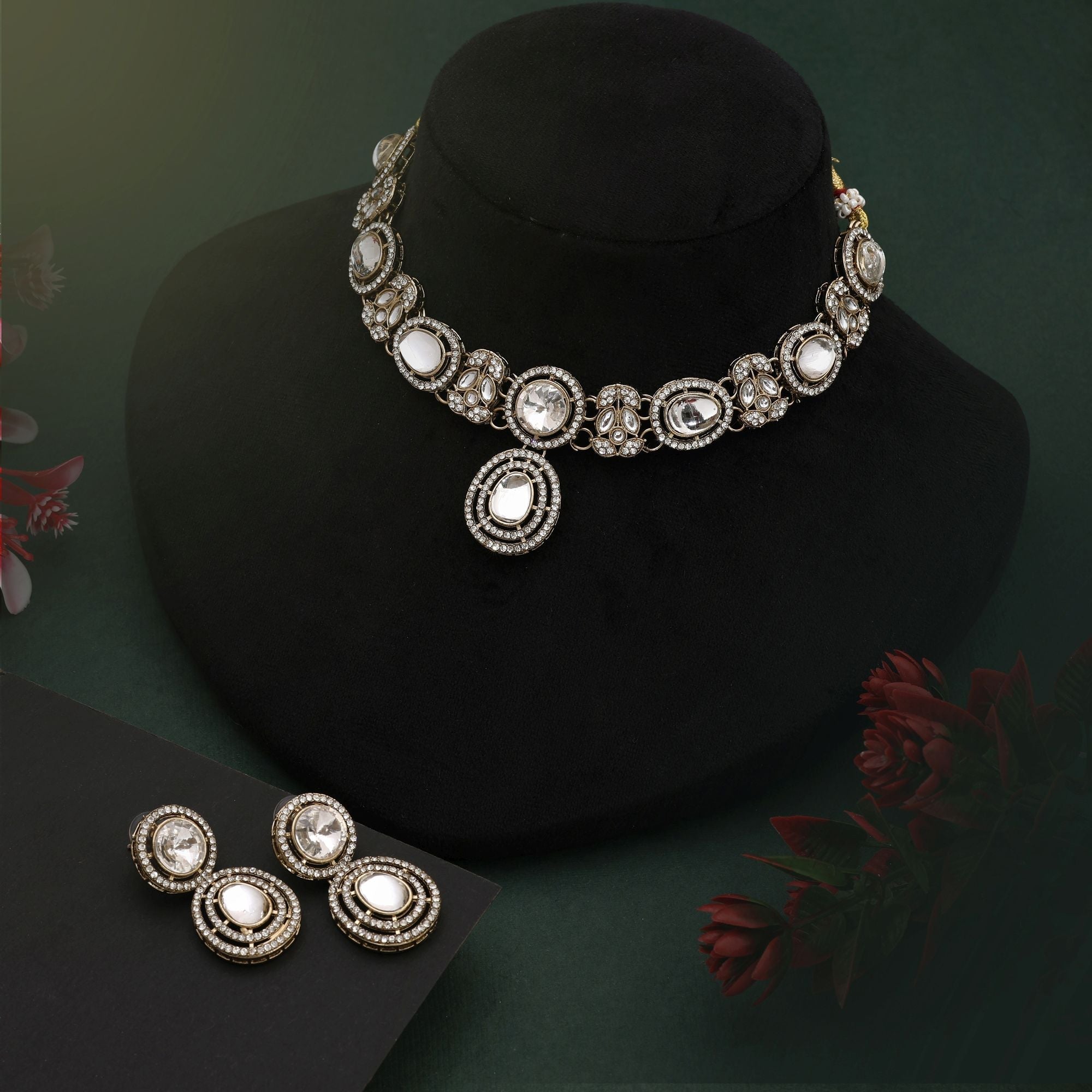 Royal White Color Kundan Necklace Set With Pearls And Stones For Bridal Use