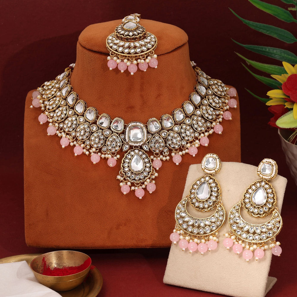 Chic Pink Color Kundan Necklace Set