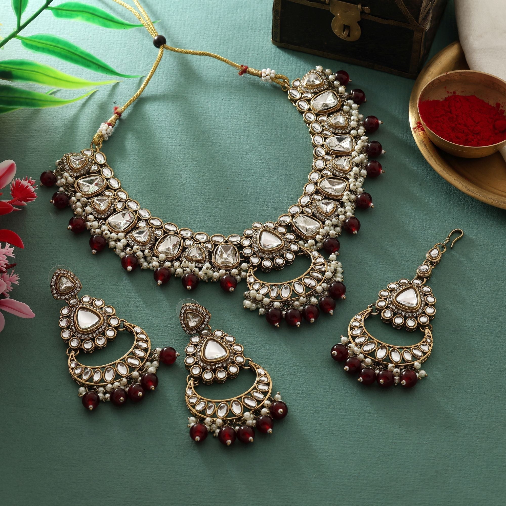 Antique Maroon Color Kundan Necklace Set With Beaded Design For Wedding Wear