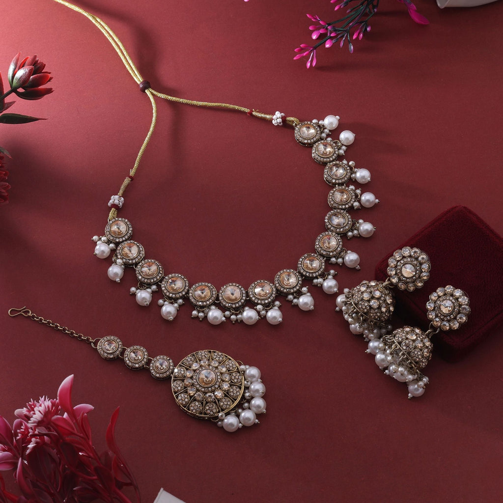 Royal Gold Color Kundan Necklace Set For Wedding Wear