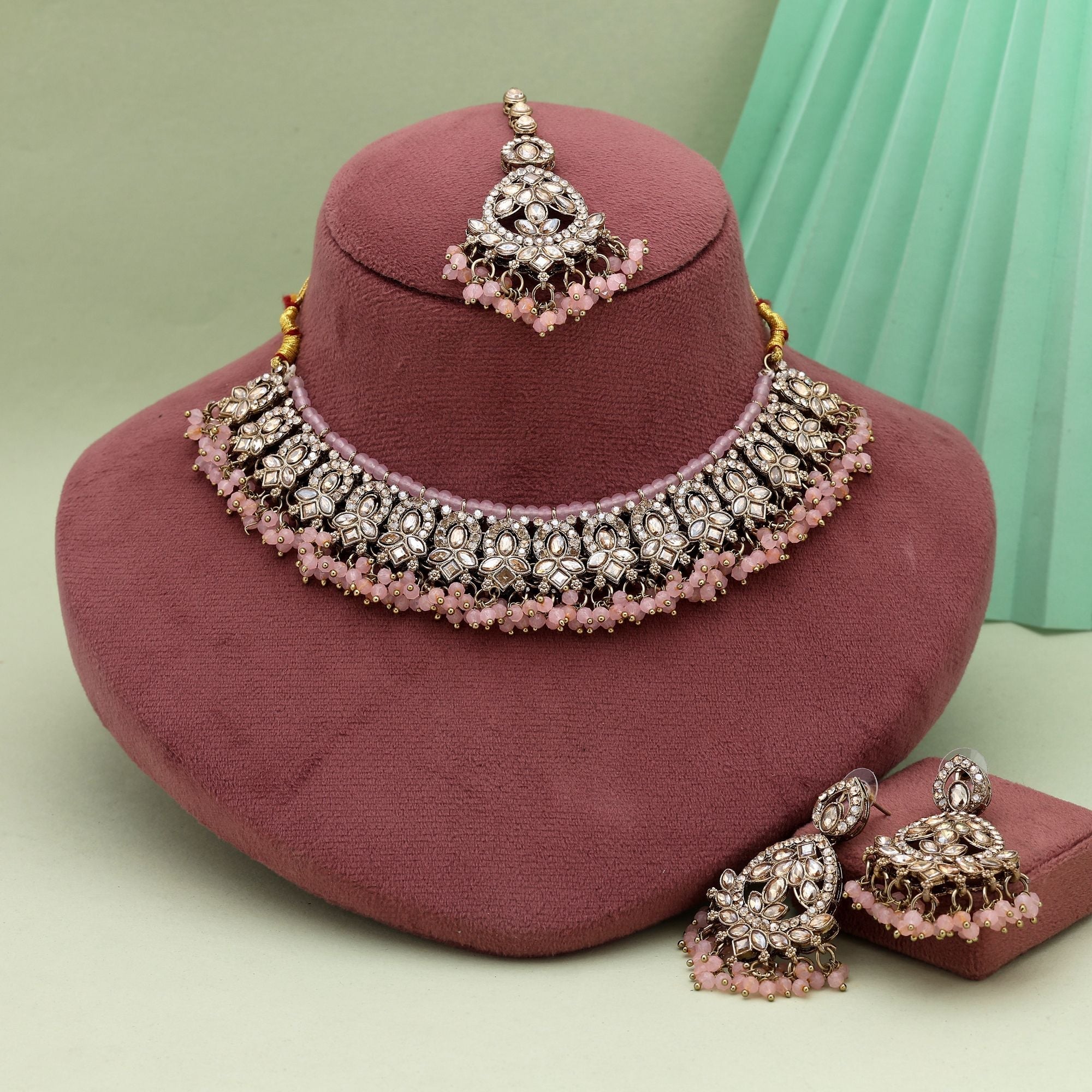Stylish Pink Color Kundan Necklace Set With Fine Stone Work For Party Looks