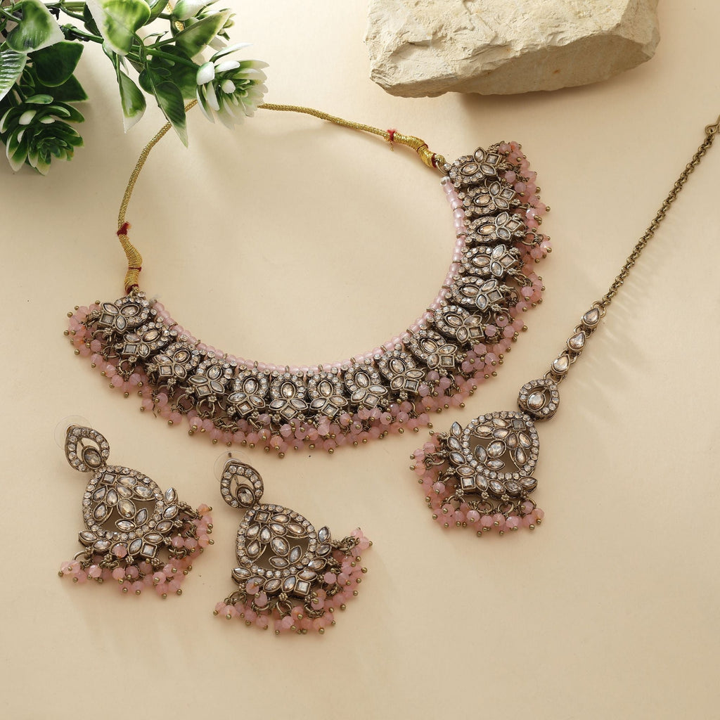 Stylish Pink Color Kundan Necklace Set With Fine Stone Work For Party Looks