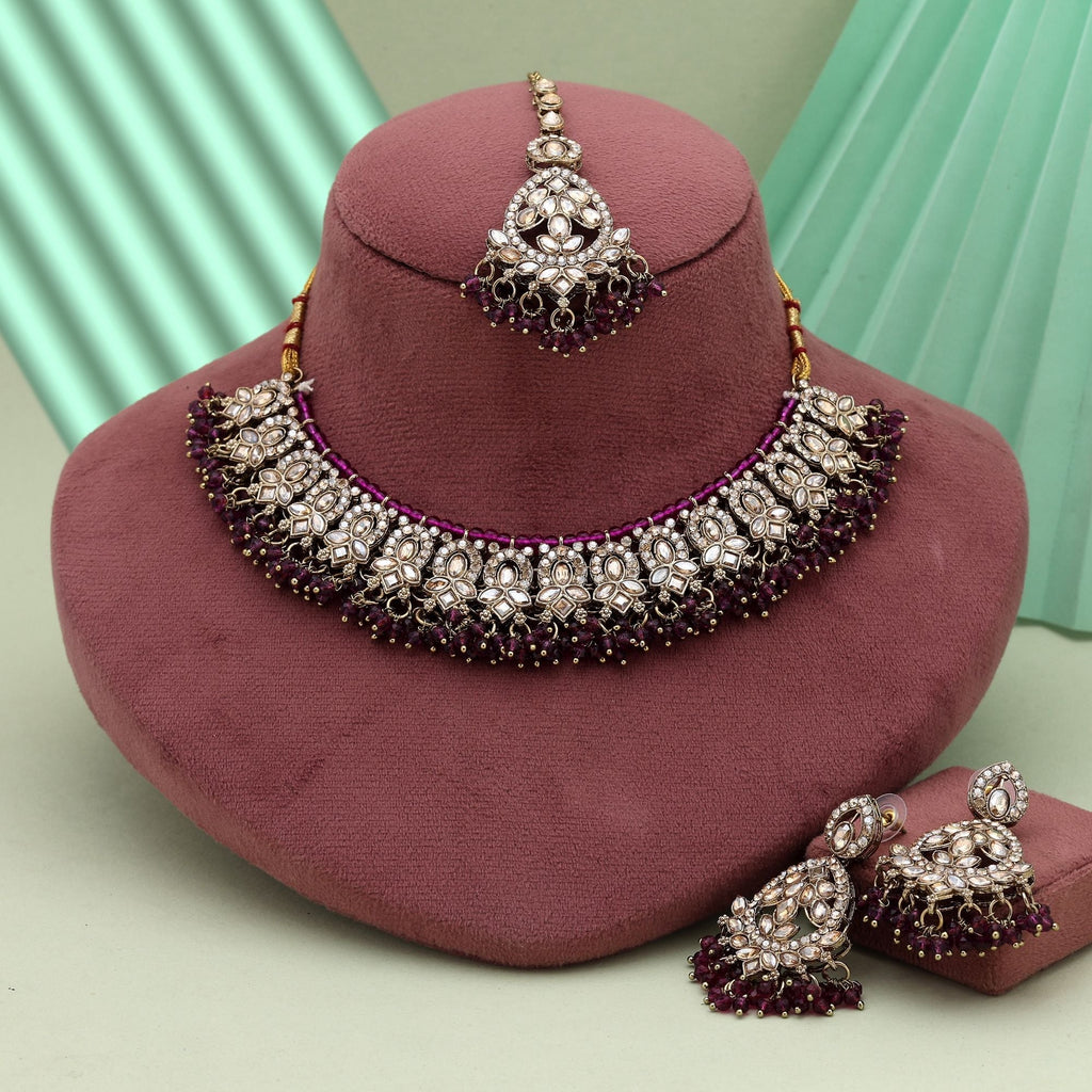 Royal Purple Color Kundan Necklace Set With Antique Finish For Traditional Events