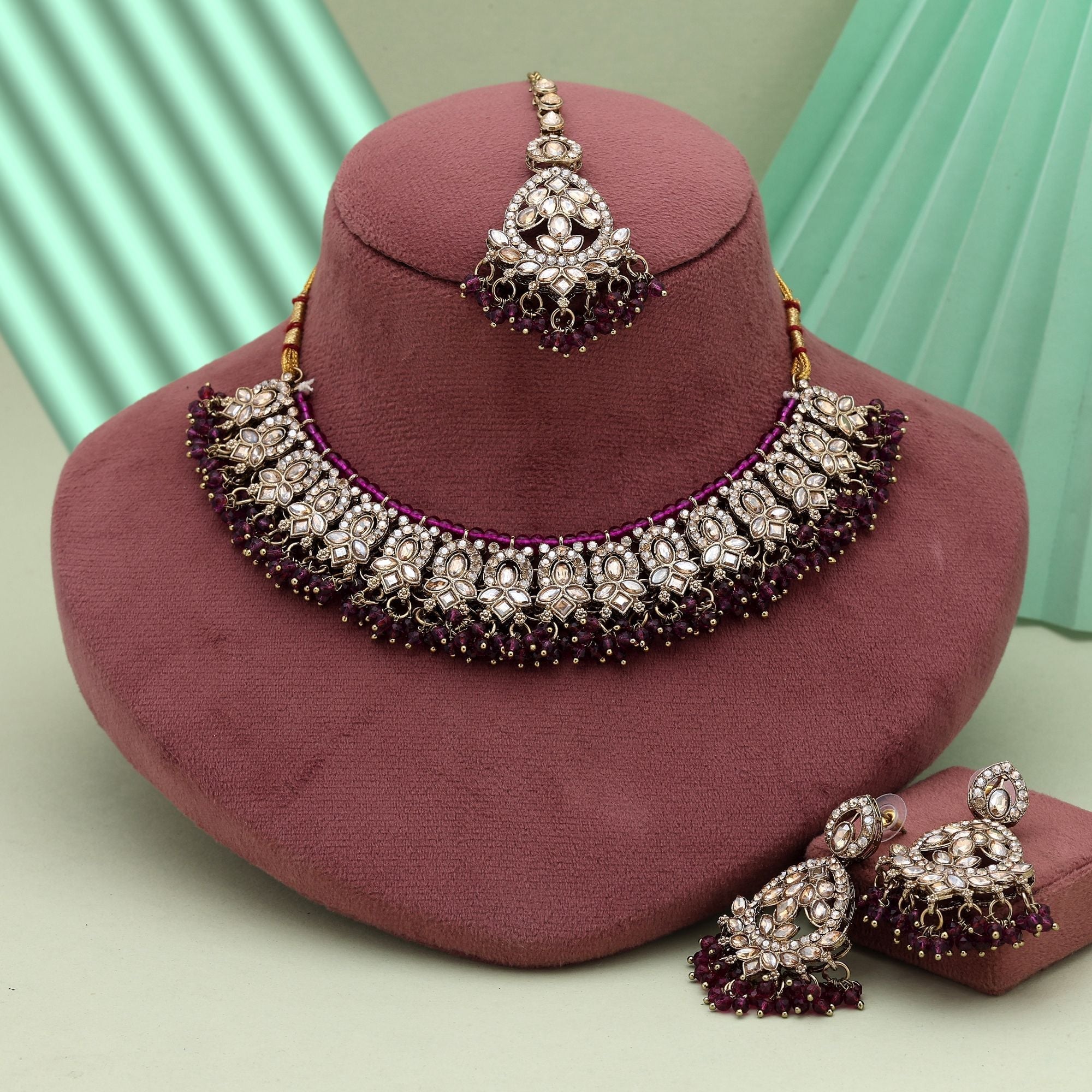 Royal Purple Color Kundan Necklace Set With Antique Finish For Traditional Events