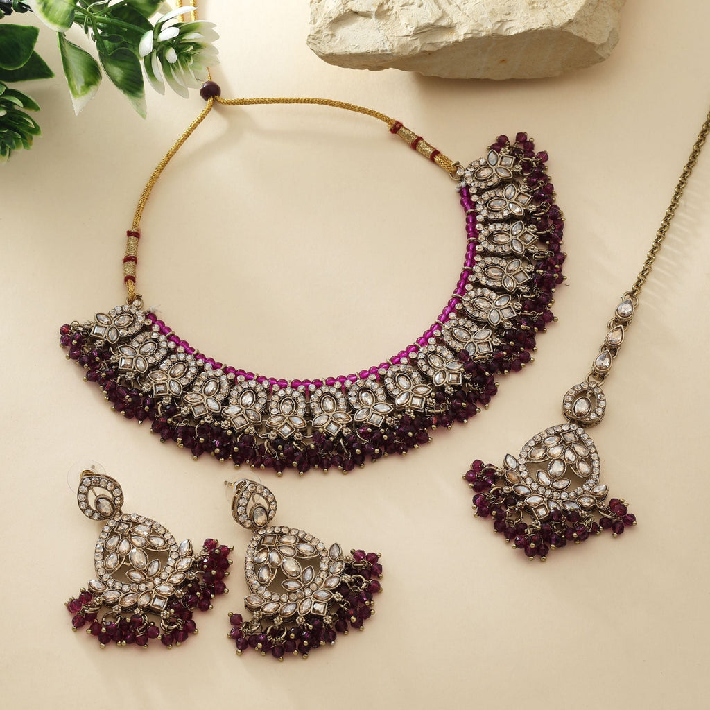 Royal Purple Color Kundan Necklace Set With Antique Finish For Traditional Events