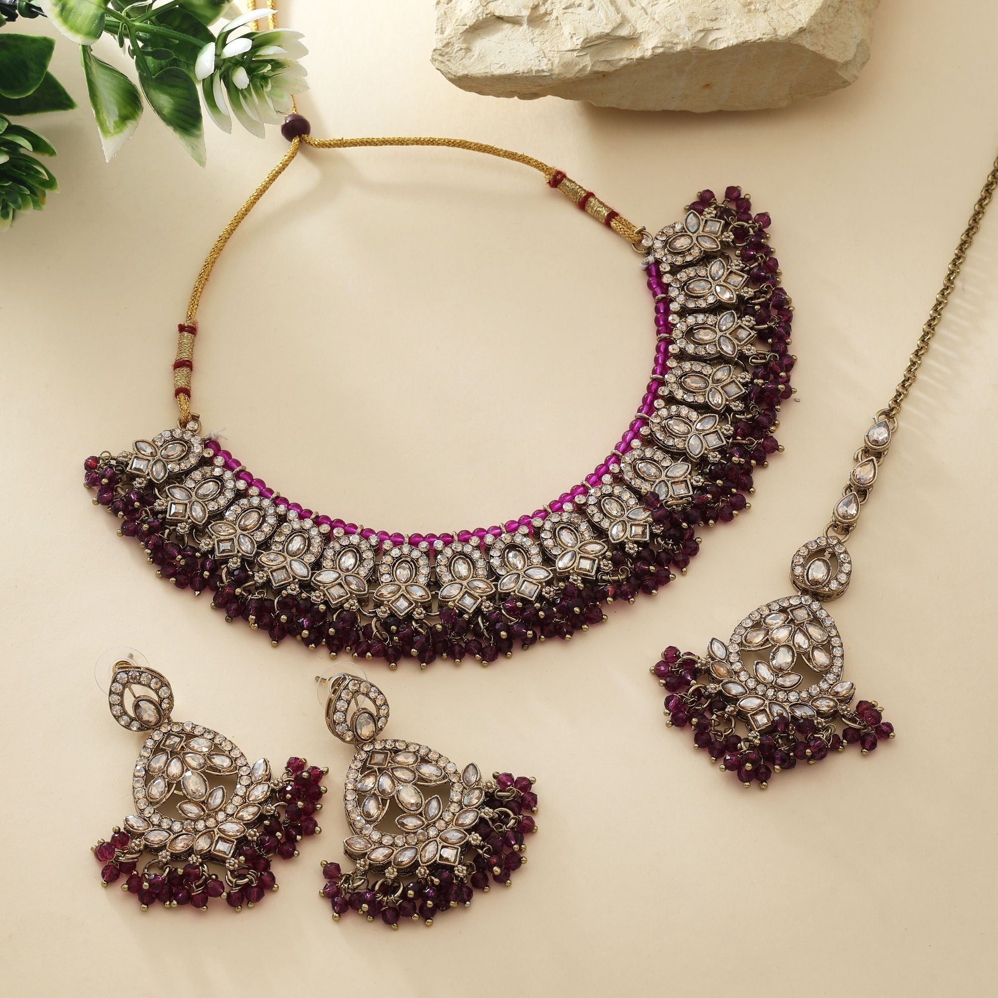 Royal Purple Color Kundan Necklace Set With Antique Finish For Traditional Events