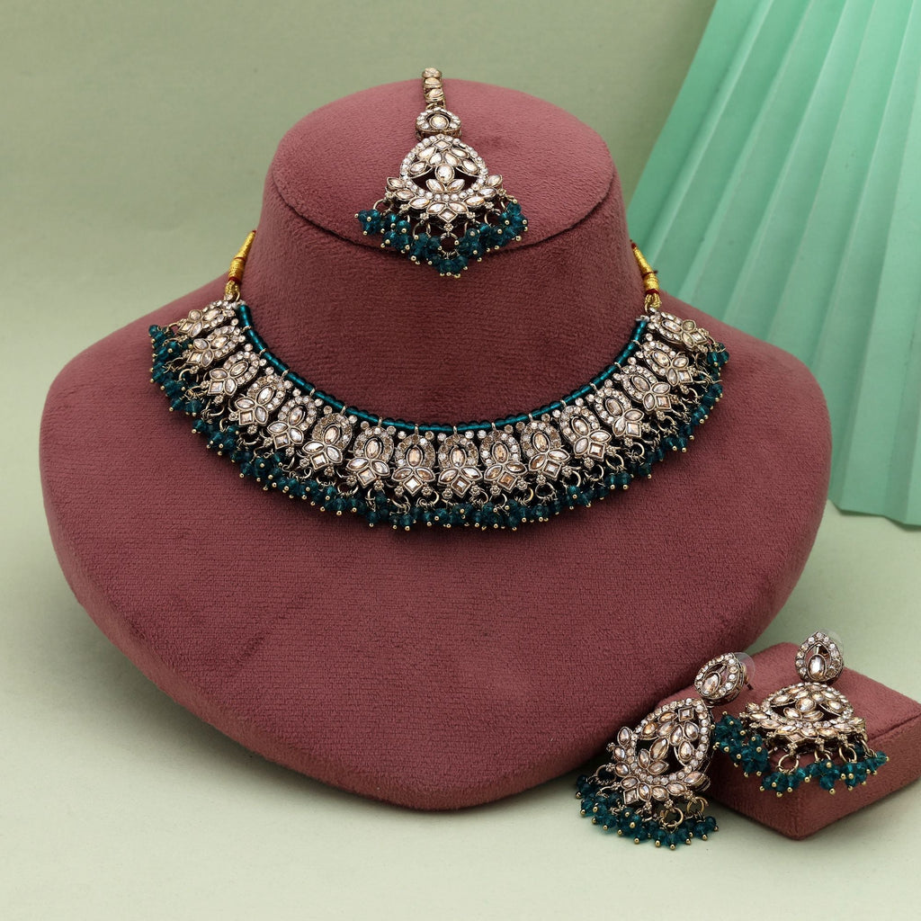Trendy Rama Green Color Kundan Necklace Set With Crystal Stones For Bridal Wear