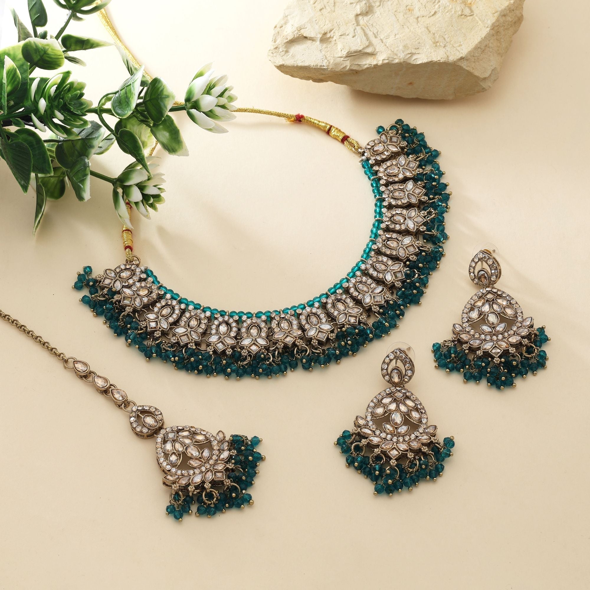 Trendy Rama Green Color Kundan Necklace Set With Crystal Stones For Bridal Wear