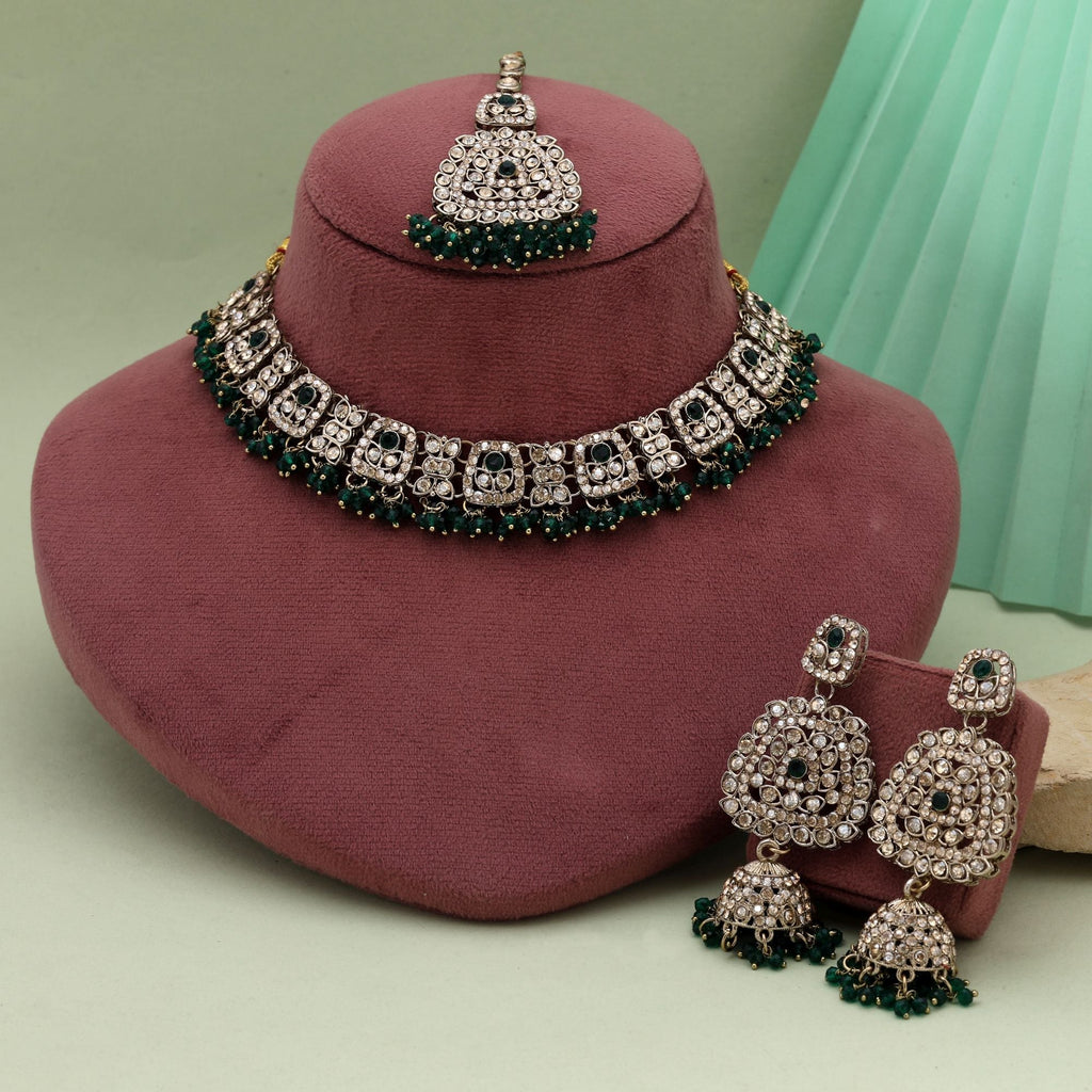 Royal Green Color Kundan Necklace Set With Gold Plating For Traditional Wear