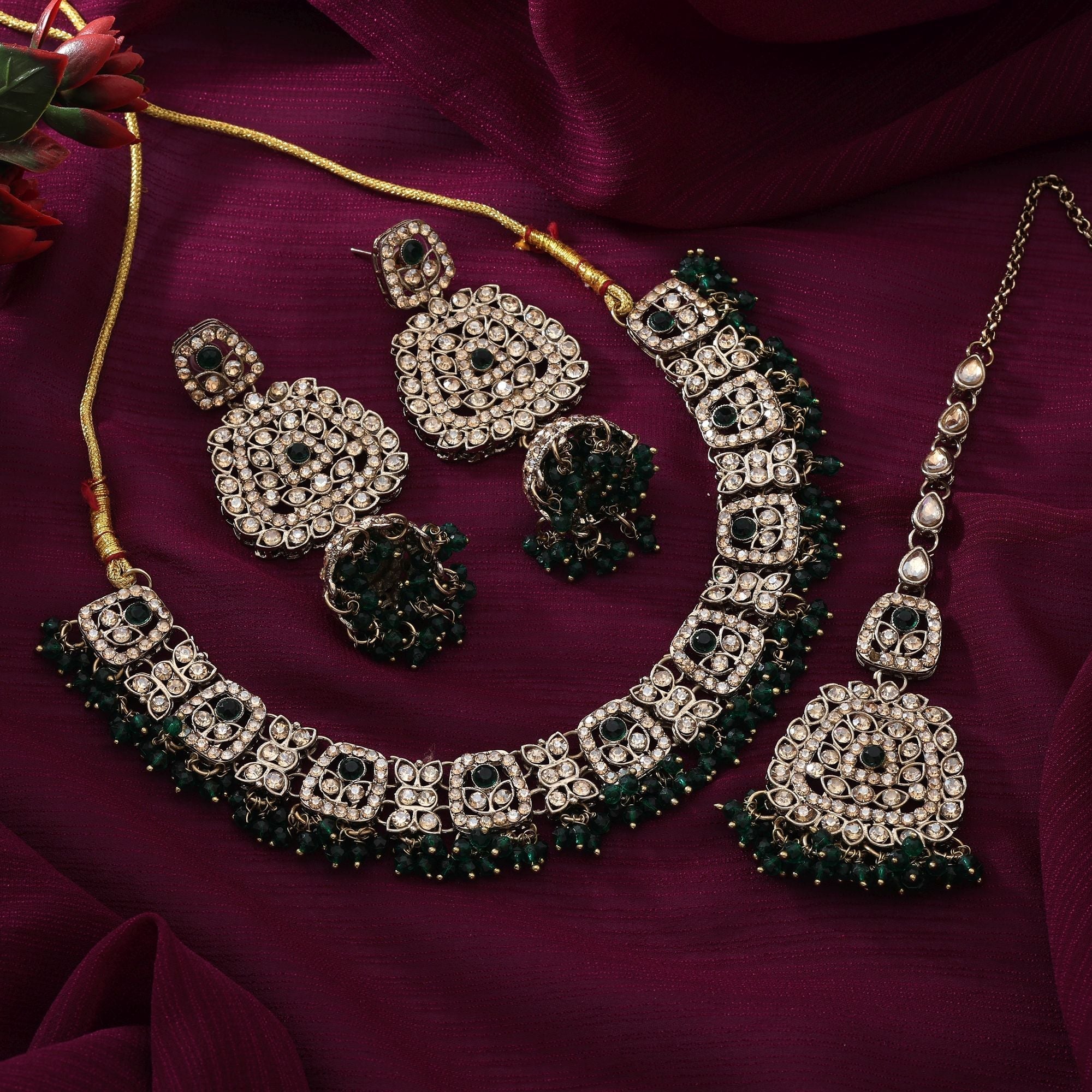 Royal Green Color Kundan Necklace Set With Gold Plating For Traditional Wear