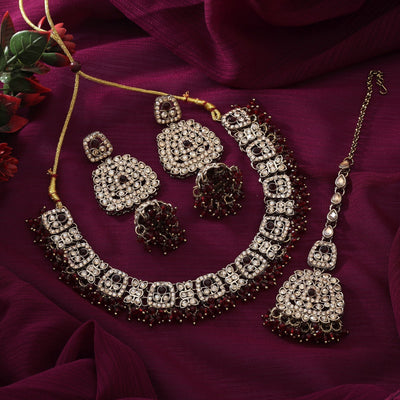 Antique Maroon Color Kundan Necklace Set Perfect For Ethnic And Festive Occasions