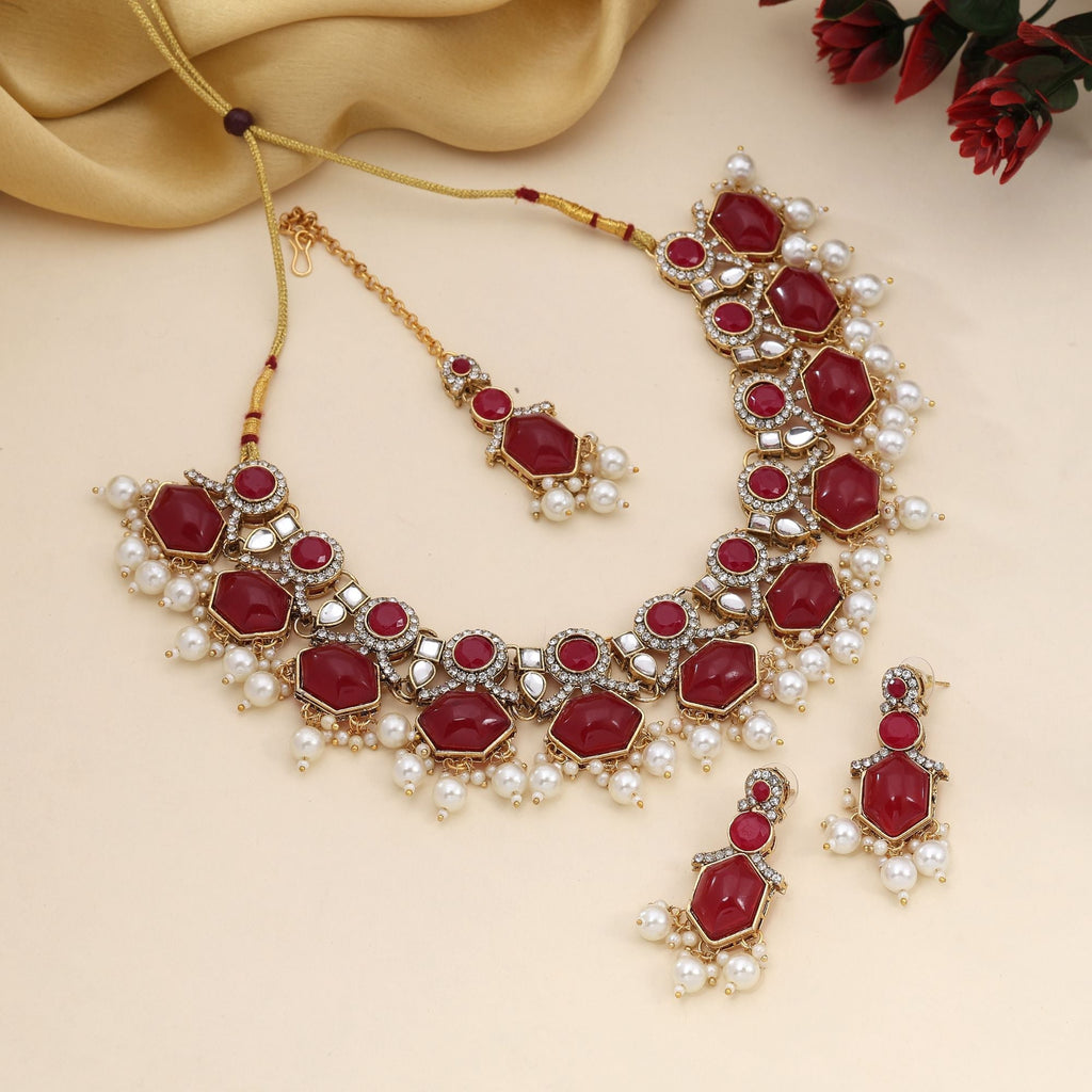 Radiant Red Color Kundan Necklace Set For Brides And Festive Celebrations