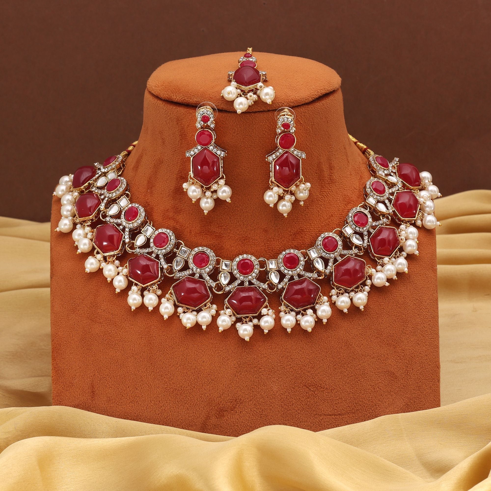 Radiant Red Color Kundan Necklace Set For Brides And Festive Celebrations