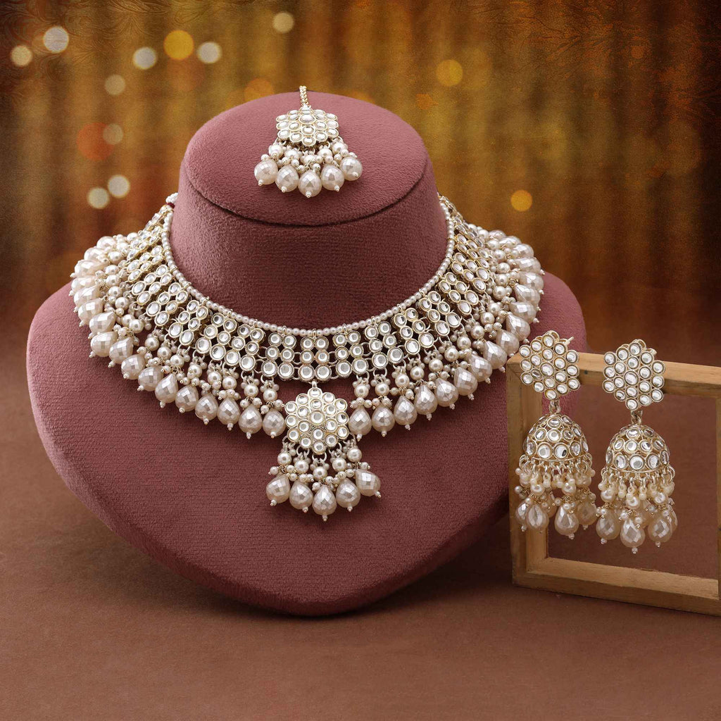 Elegant White Color Kundan Necklace Set With Traditional Ethnic Bridal Design
