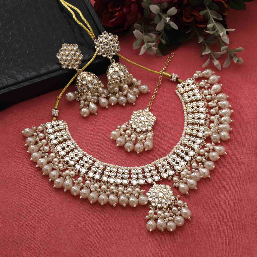 Elegant White Color Kundan Necklace Set With Traditional Ethnic Bridal Design