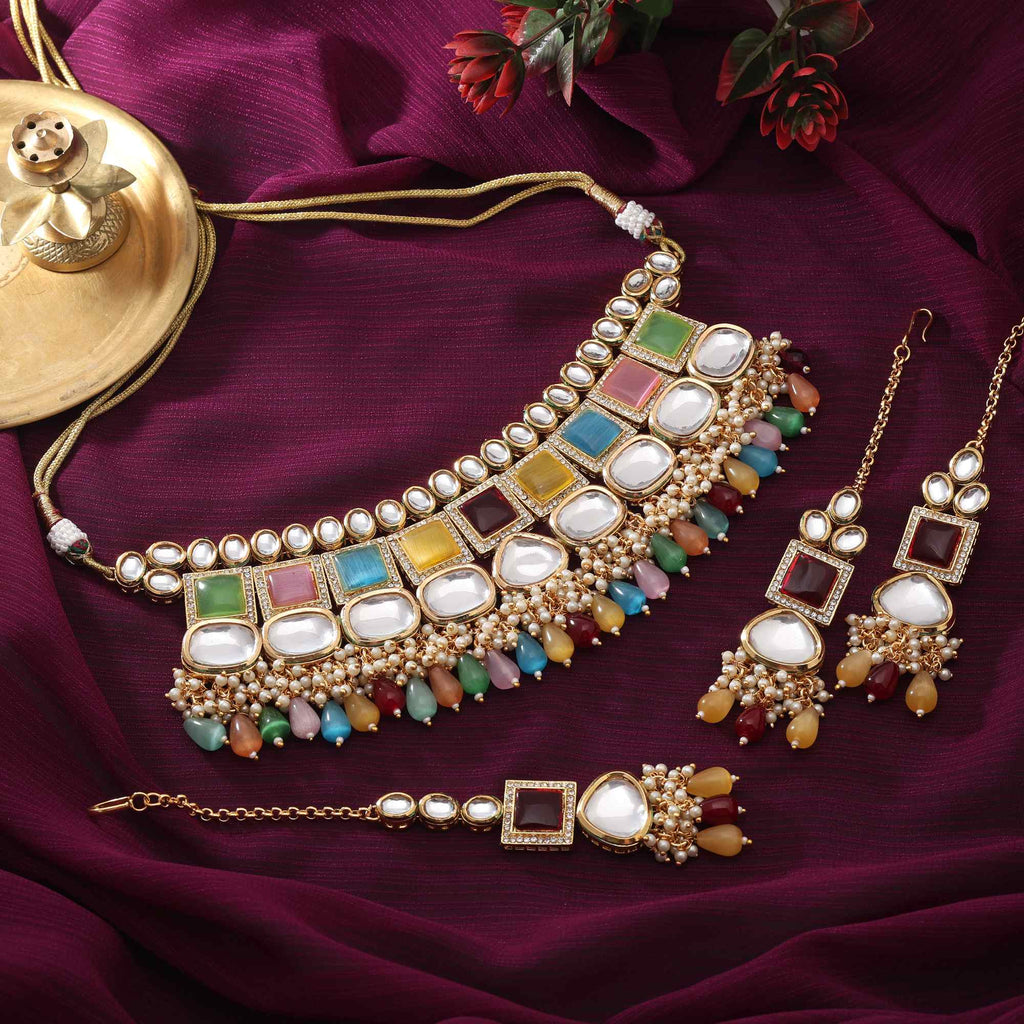 Multi Color Beautiful Handcrafted Back Side Meena Work Kundan Necklace Set For Special Events