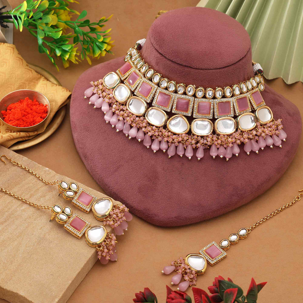 Pink Color Elegant Ethnic Style Back Side Meena Work Kundan Necklace Set For Party Look