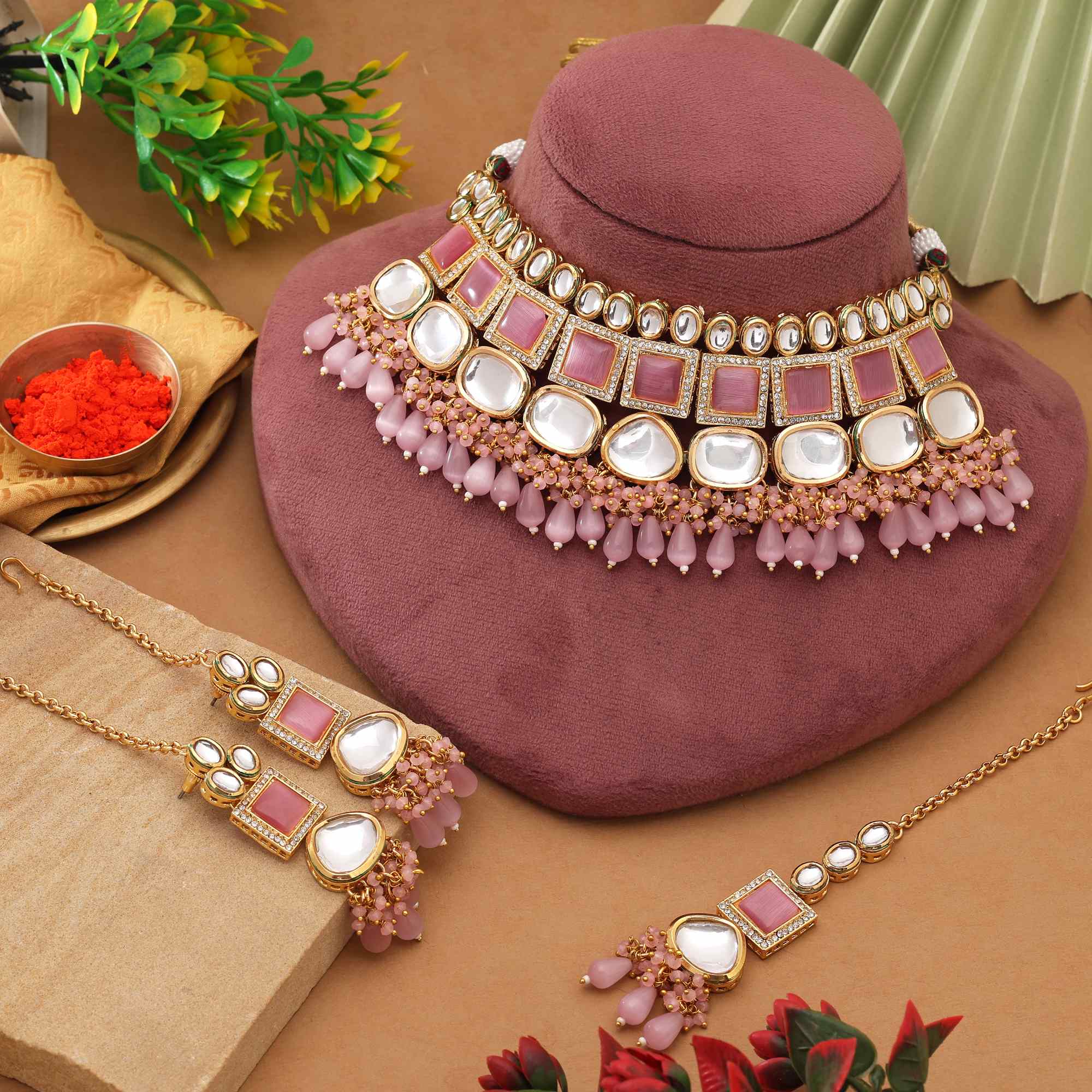 Pink Color Elegant Ethnic Style Back Side Meena Work Kundan Necklace Set For Party Look