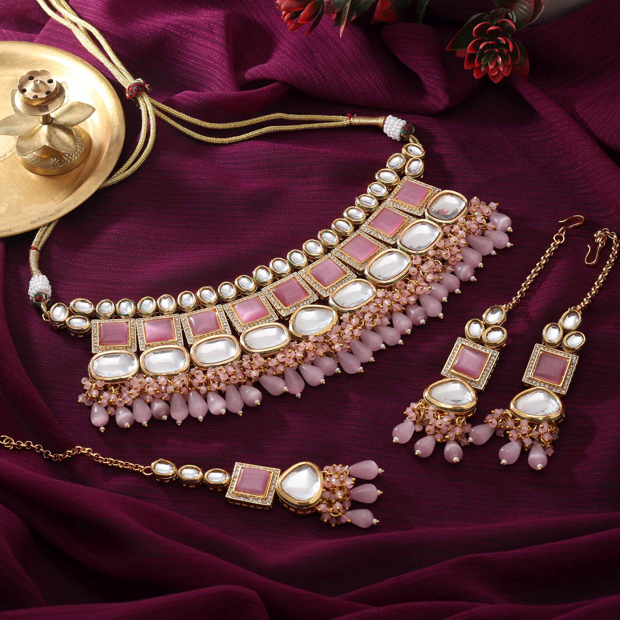 Pink Color Elegant Ethnic Style Back Side Meena Work Kundan Necklace Set For Party Look