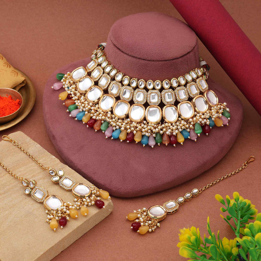 Multi Color Classic Ethnic Designer Back Side Meena Work Kundan Necklace Set For Festive Functions
