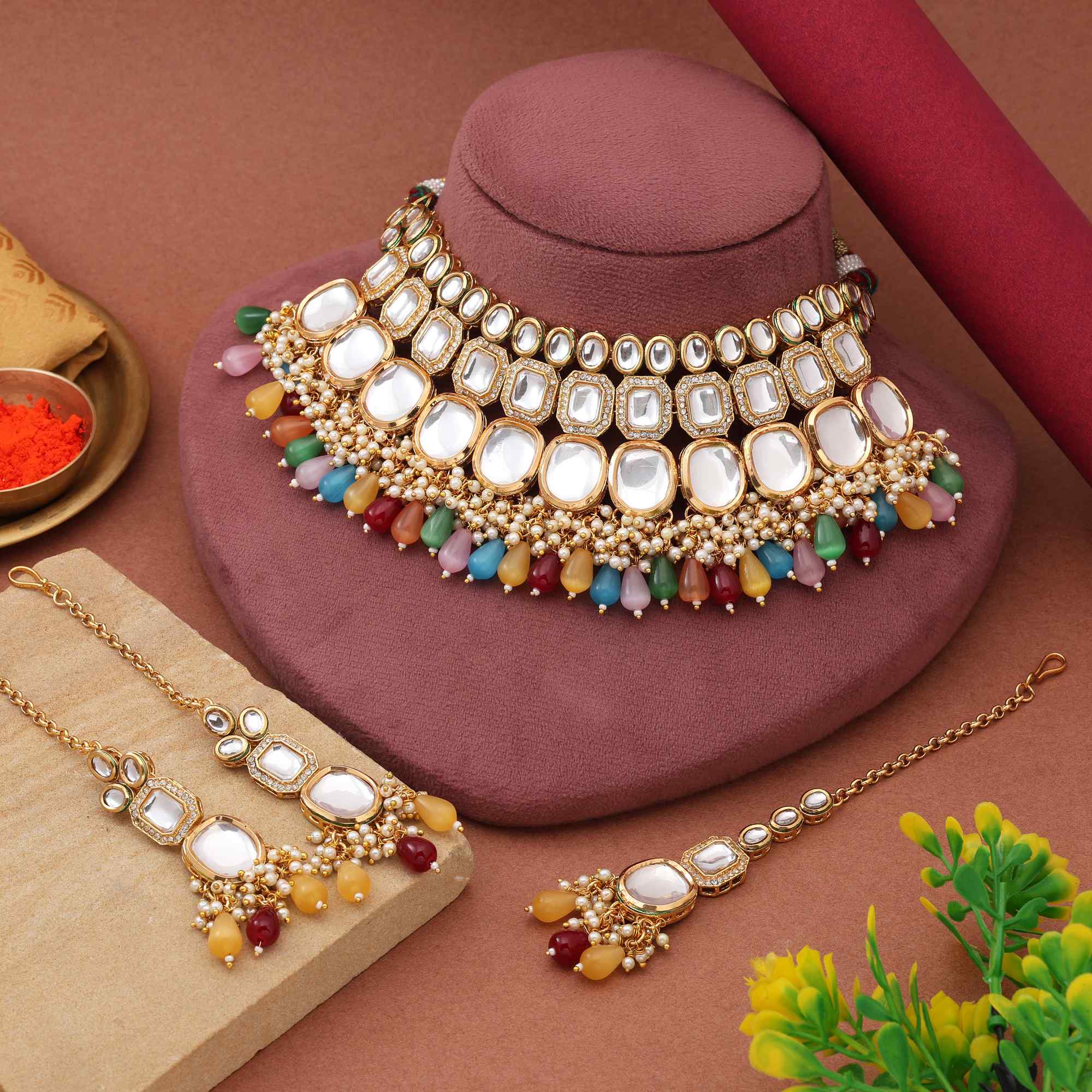 Multi Color Classic Ethnic Designer Back Side Meena Work Kundan Necklace Set For Festive Functions