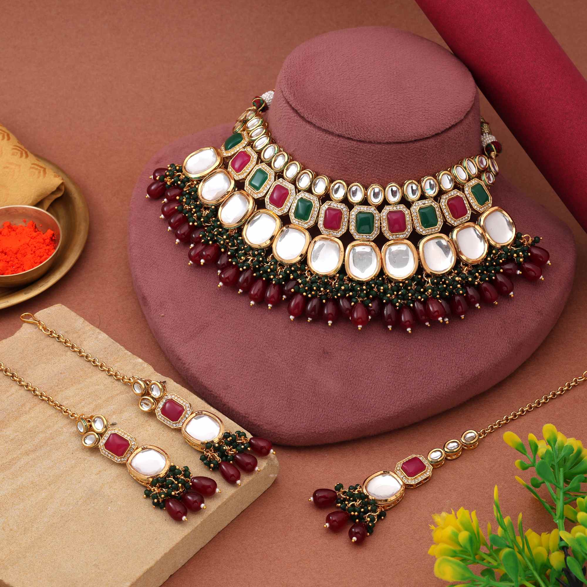 Rani & Green Color Gorgeous Bridal Back Side Meena Work Kundan Necklace Set For Wedding Style