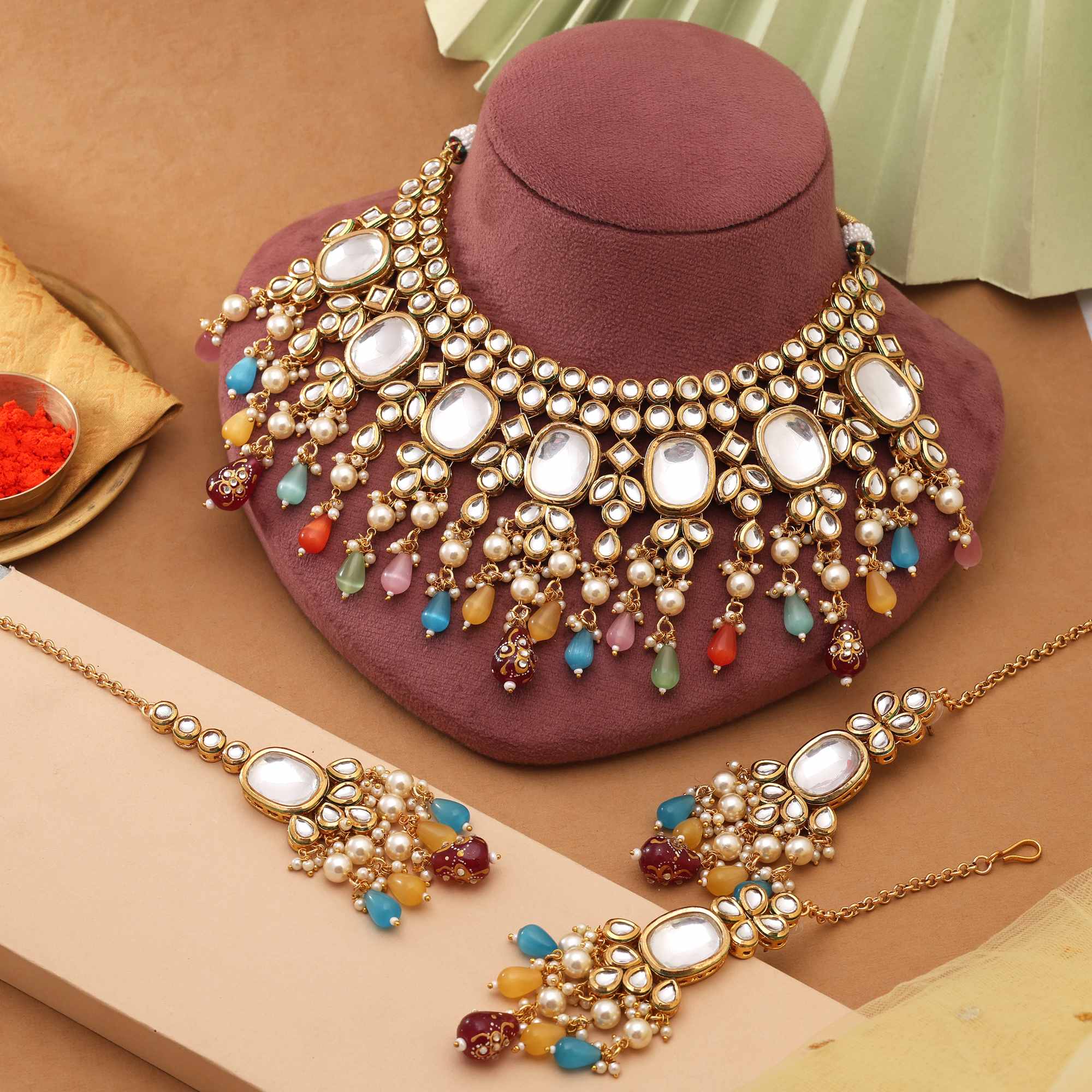 Multi Color Stylish Heavy Design Back Side Meena Work Kundan Necklace Set For Women’S Fashion