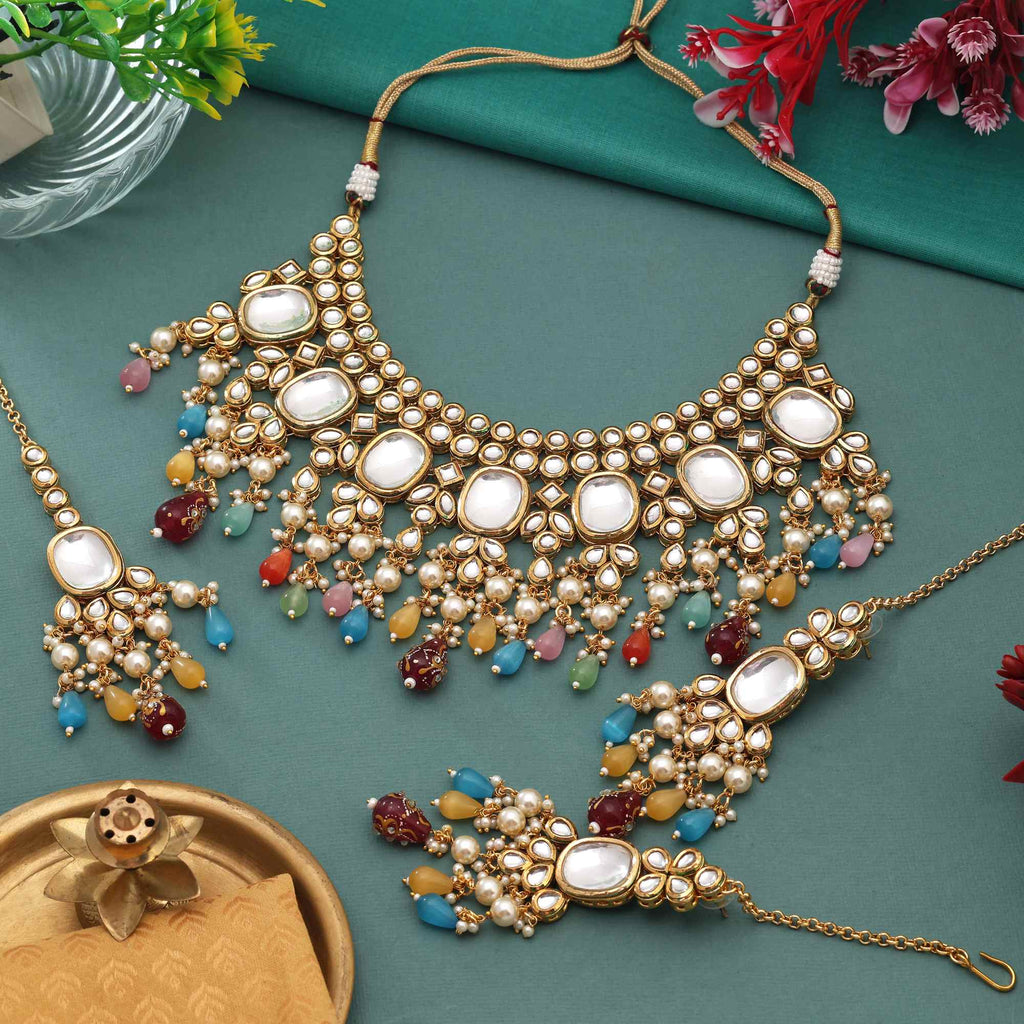 Multi Color Stylish Heavy Design Back Side Meena Work Kundan Necklace Set For Women’S Fashion
