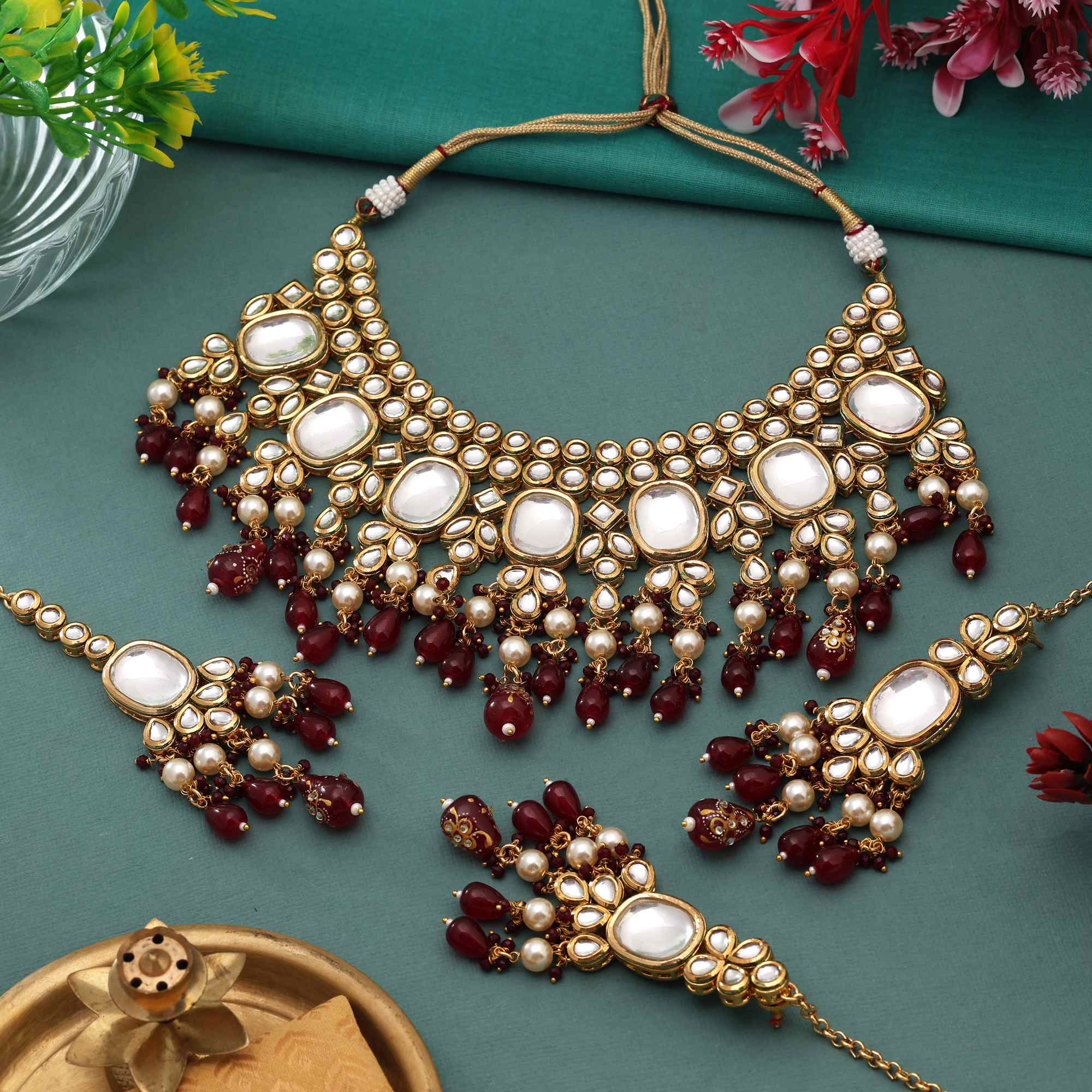Maroon Color Ethnic Heritage Design Back Side Meena Work Kundan Necklace Set For Occasions