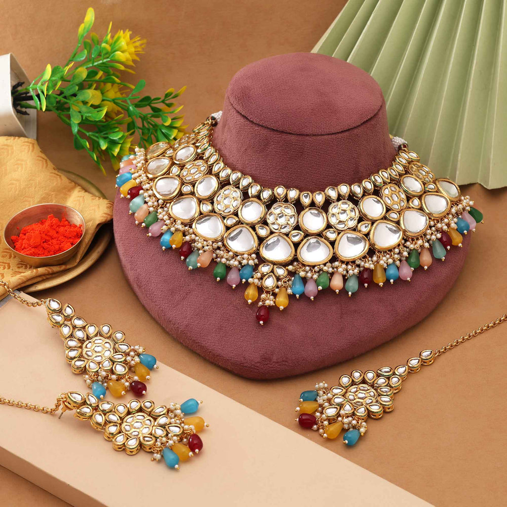 Multi Color Premium Bridal Look Back Side Meena Work Kundan Necklace Set For Special Celebrations