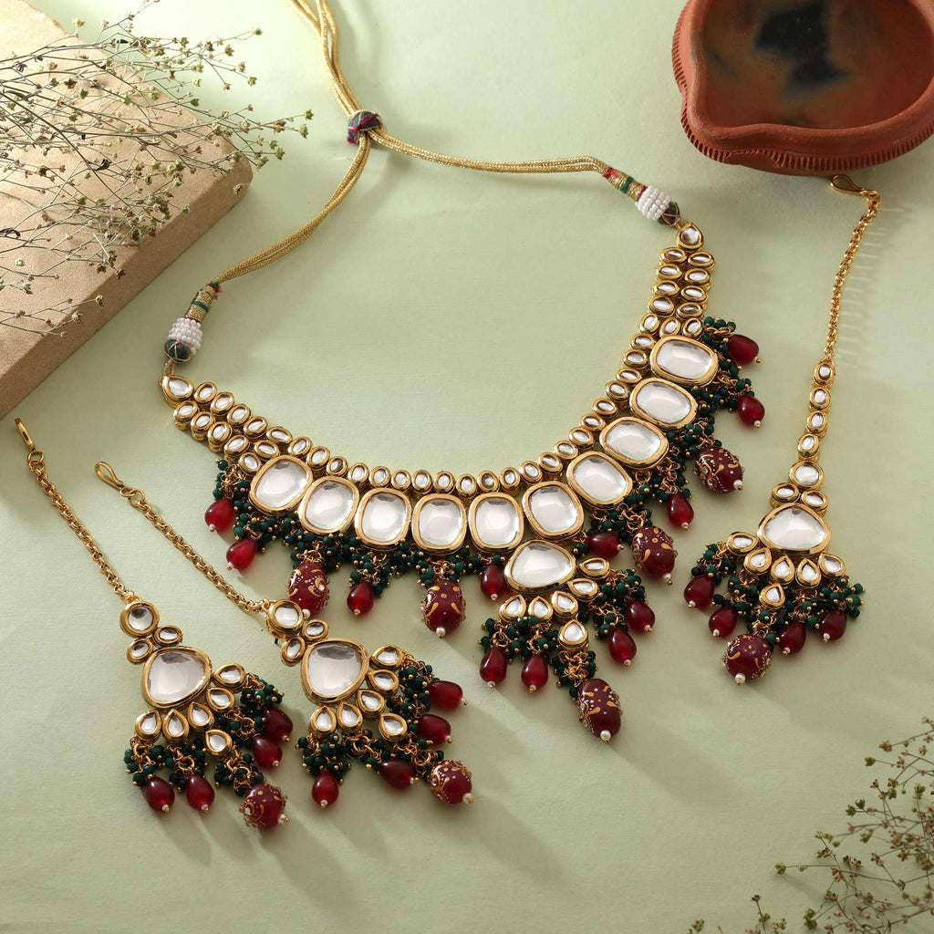 Maroon & Green Color Beautifully Crafted Back Side Meena Work Kundan Necklace Set For Wedding Style
